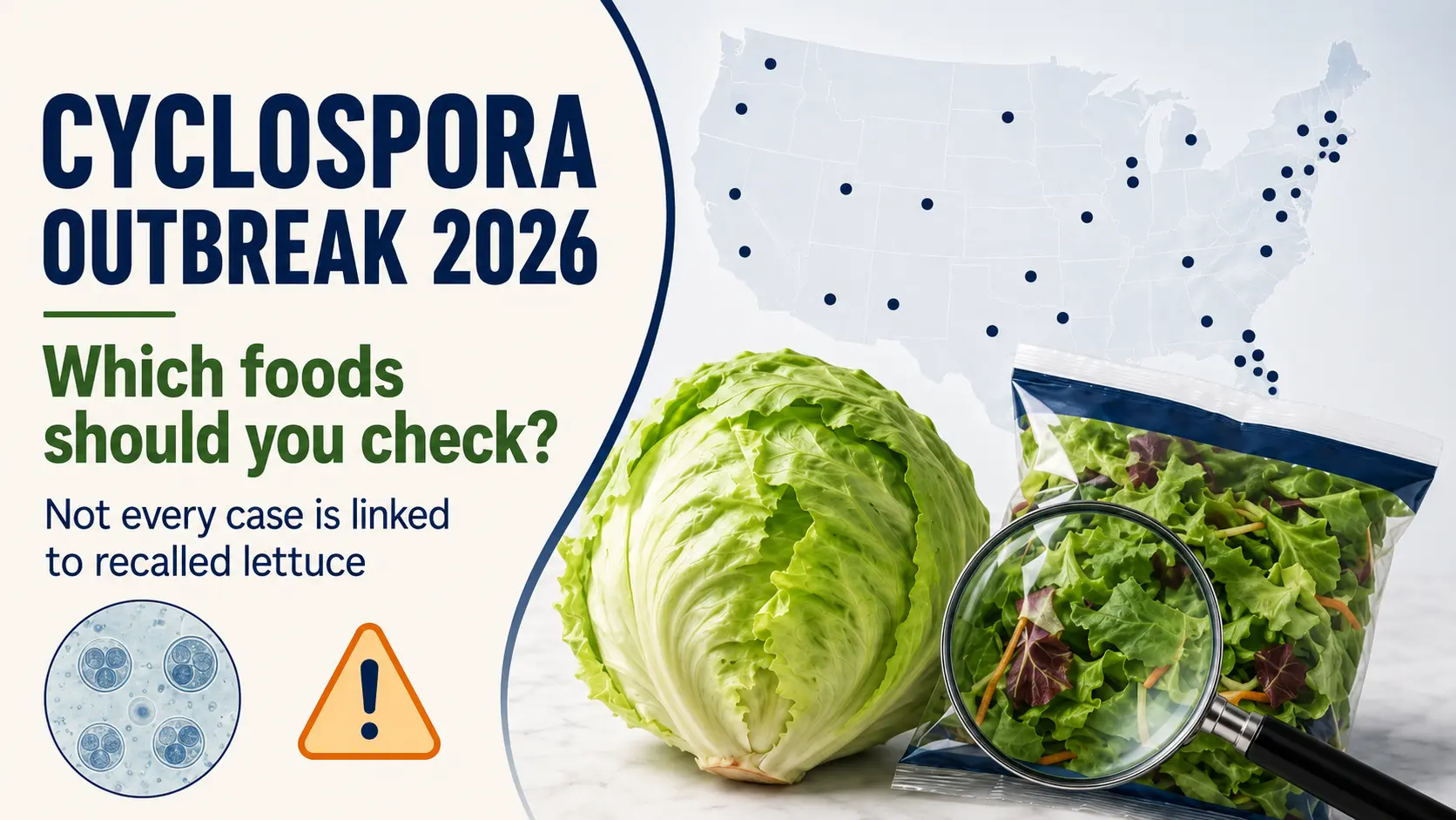 Cyclospora outbreak 2026 graphic showing iceberg lettuce, packaged salad and a US map with a reminder that not every case is linked to recalled lettuce.