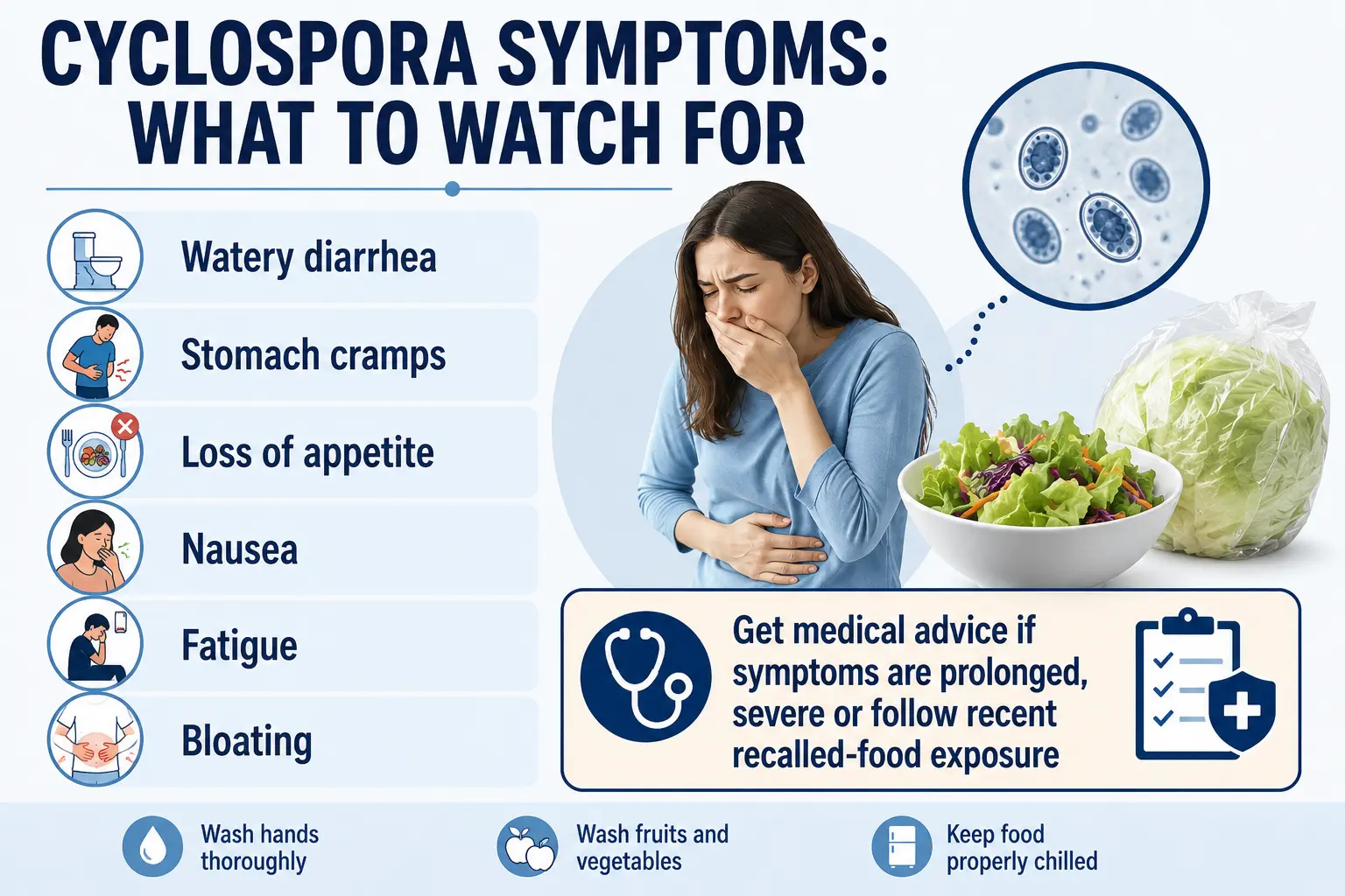 Cyclospora Symptoms and What to Do Cyclospora outbreak symptoms including watery diarrhoea, cramps, nausea and fatigue