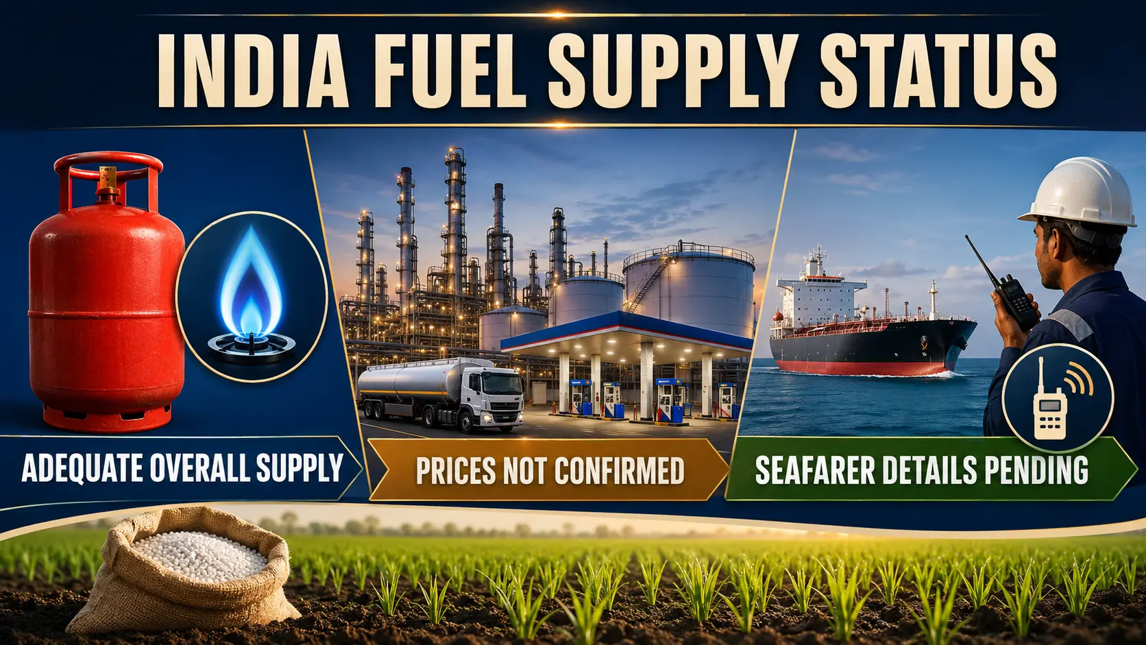 India LPG and petrol shortage status graphic showing adequate overall supply, unconfirmed prices and pending seafarer details
