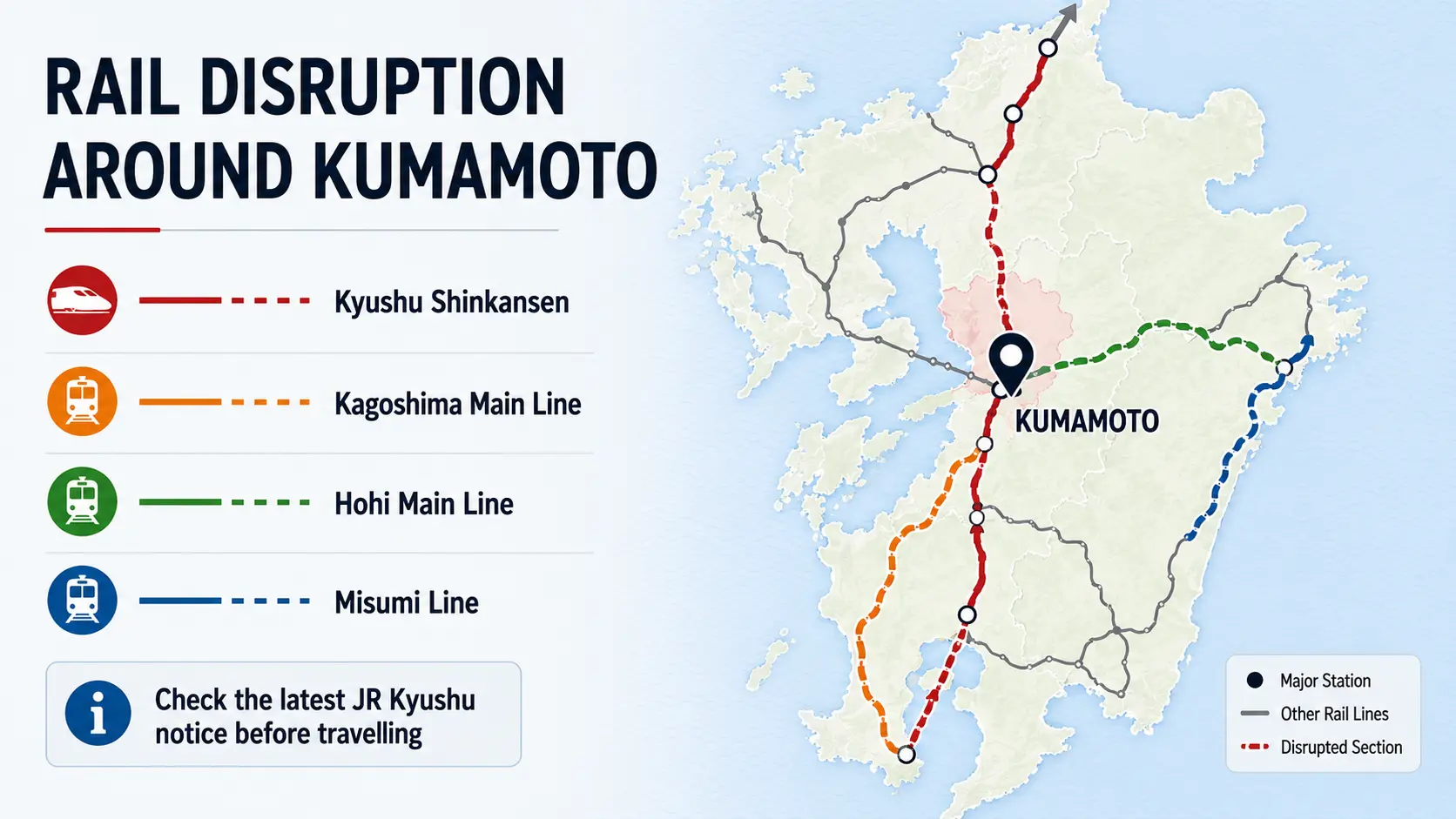 Kumamoto Rail Disruption Map — July 29 Kyushu earthquake travel update map showing July 29 railway disruption around Kumamoto