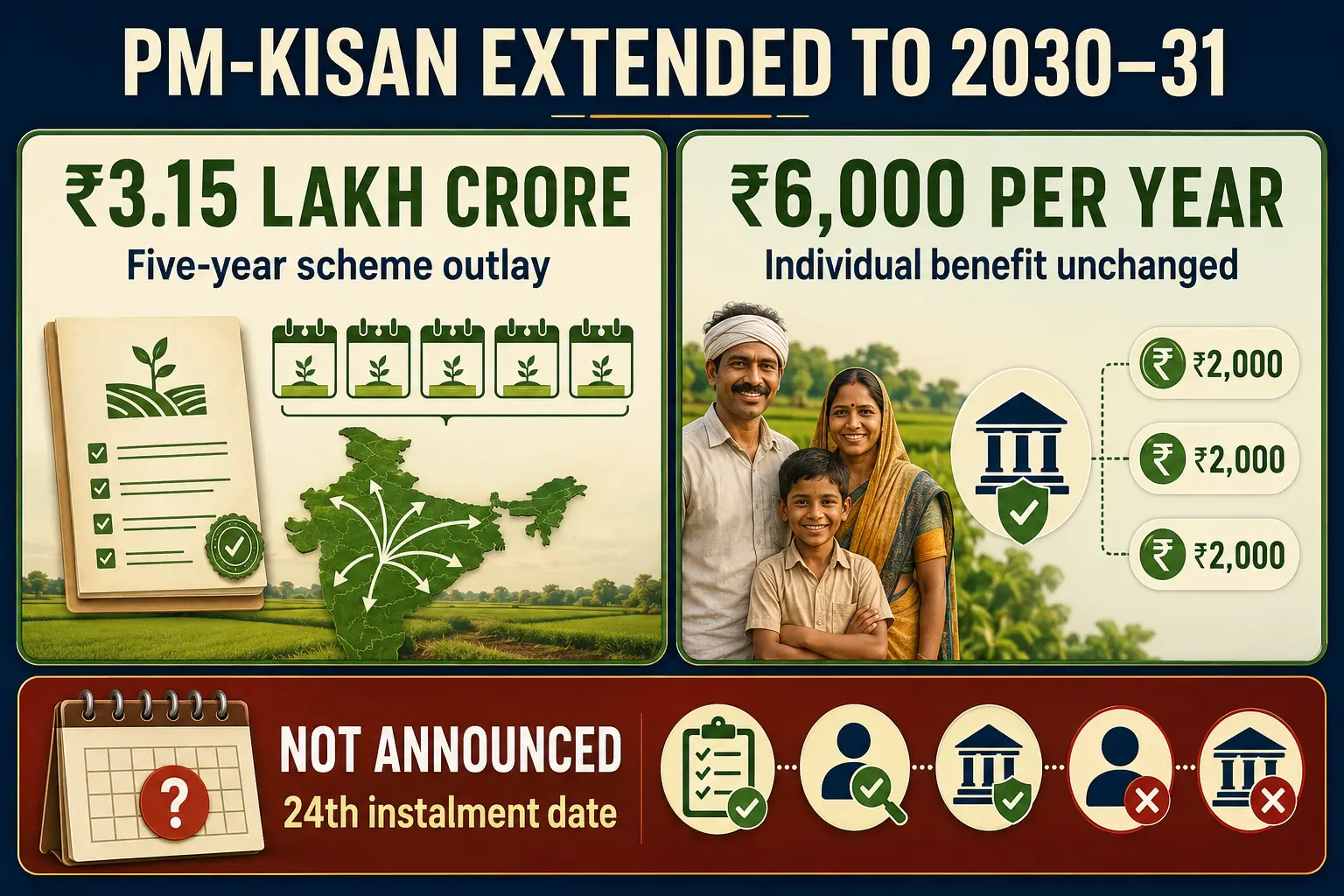 PM Kisan extended till 2030 showing ₹3.15 lakh crore scheme outlay and unchanged ₹6,000 annual payment