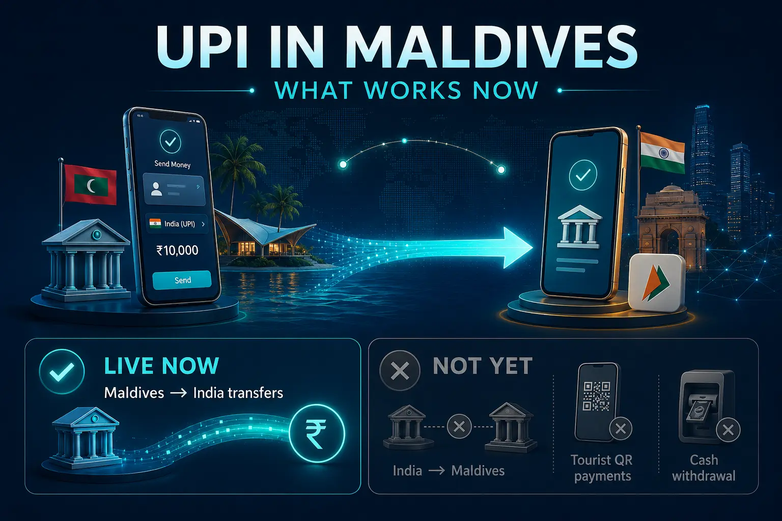 Graphic explaining that Maldives-to-India UPI-linked transfers are live, while India-to-Maldives transfers, tourist QR payments and cash withdrawal are not yet available.
