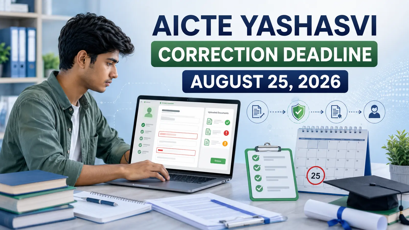 AICTE YASHASVI application discrepancy correction deadline showing a student fixing application errors before August 25, 2026