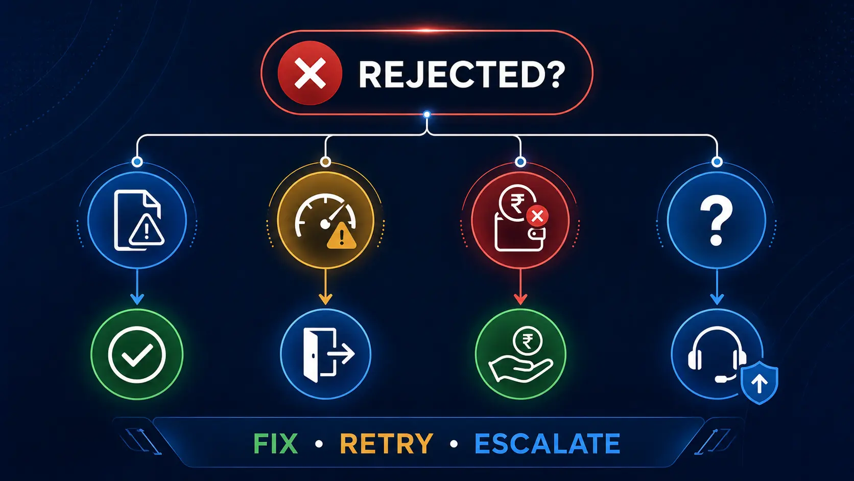 Aadhaar update request rejected decision tree showing when to retry, fix documents or escalate