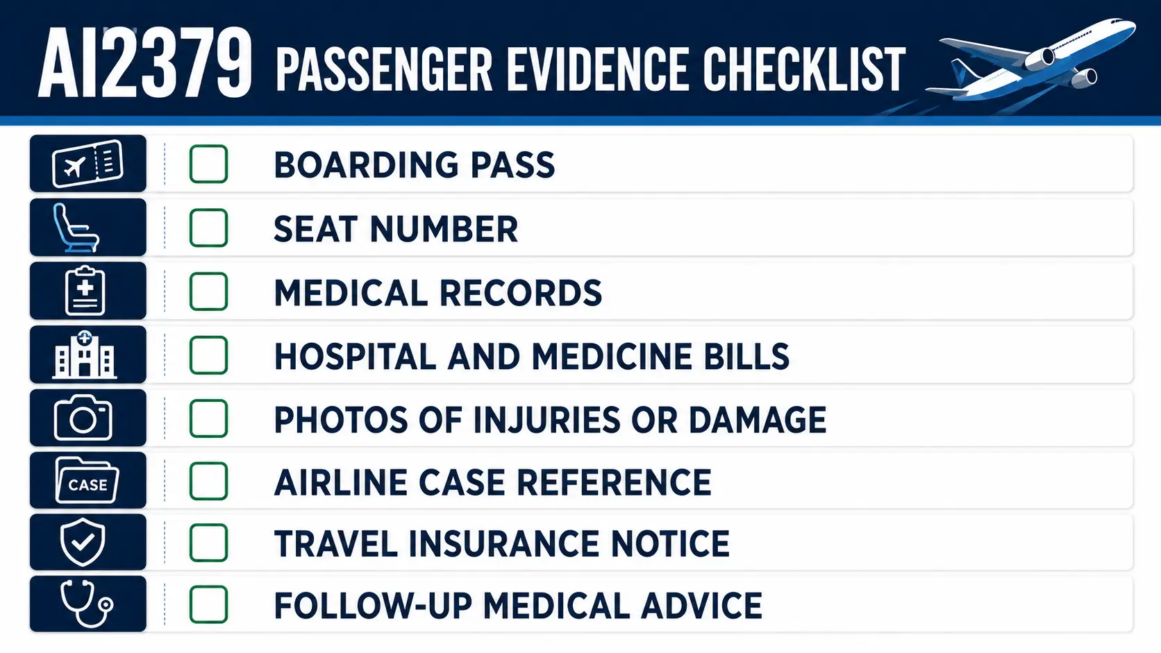 Air India AI2379 incident passenger evidence checklist
