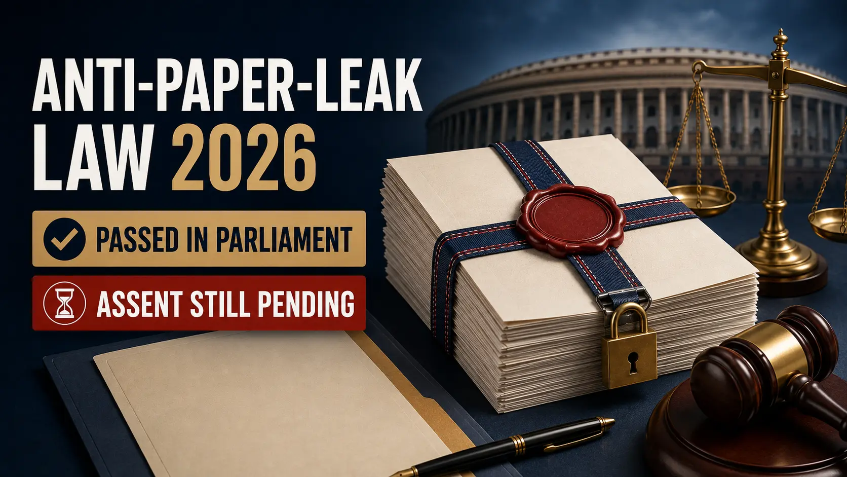 Featured image showing sealed exam papers, Parliament, legal symbols, and status text about the Anti-Paper-Leak Law 2026 passing Parliament while assent remains pending.