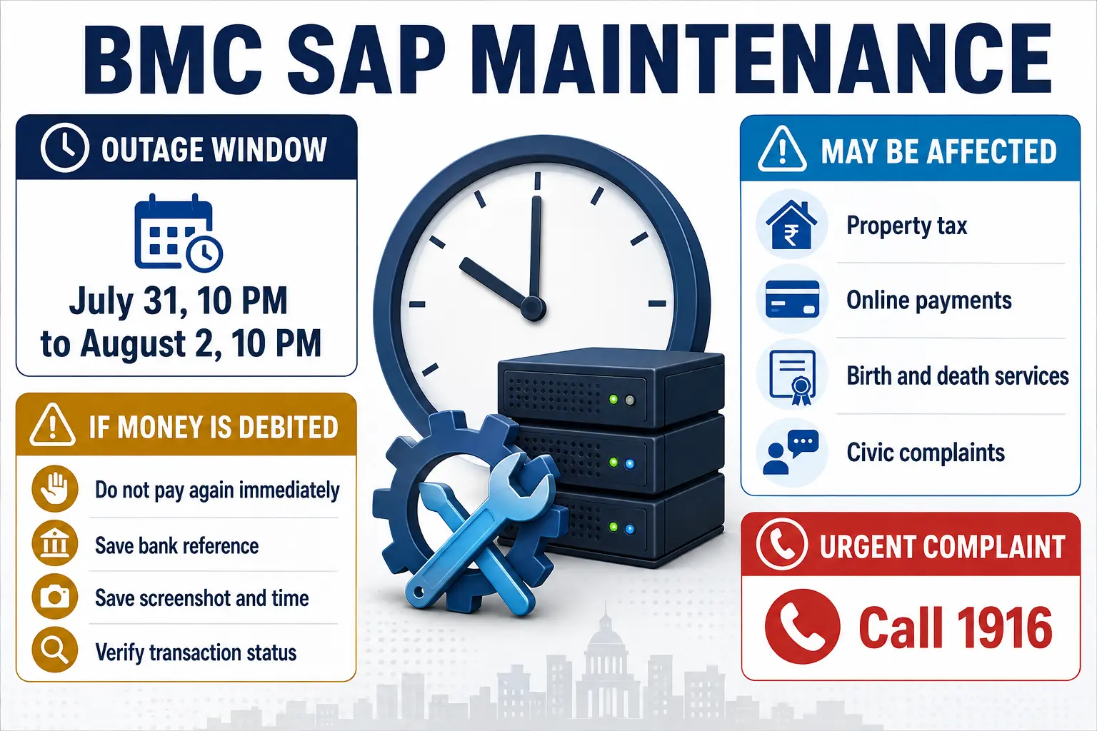 BMC SAP maintenance infographic showing outage window, affected services and payment safety steps