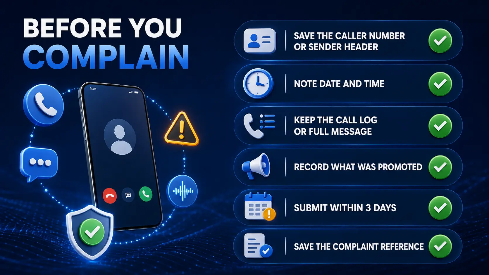 Evidence checklist for a spam-call or SMS complaint in India