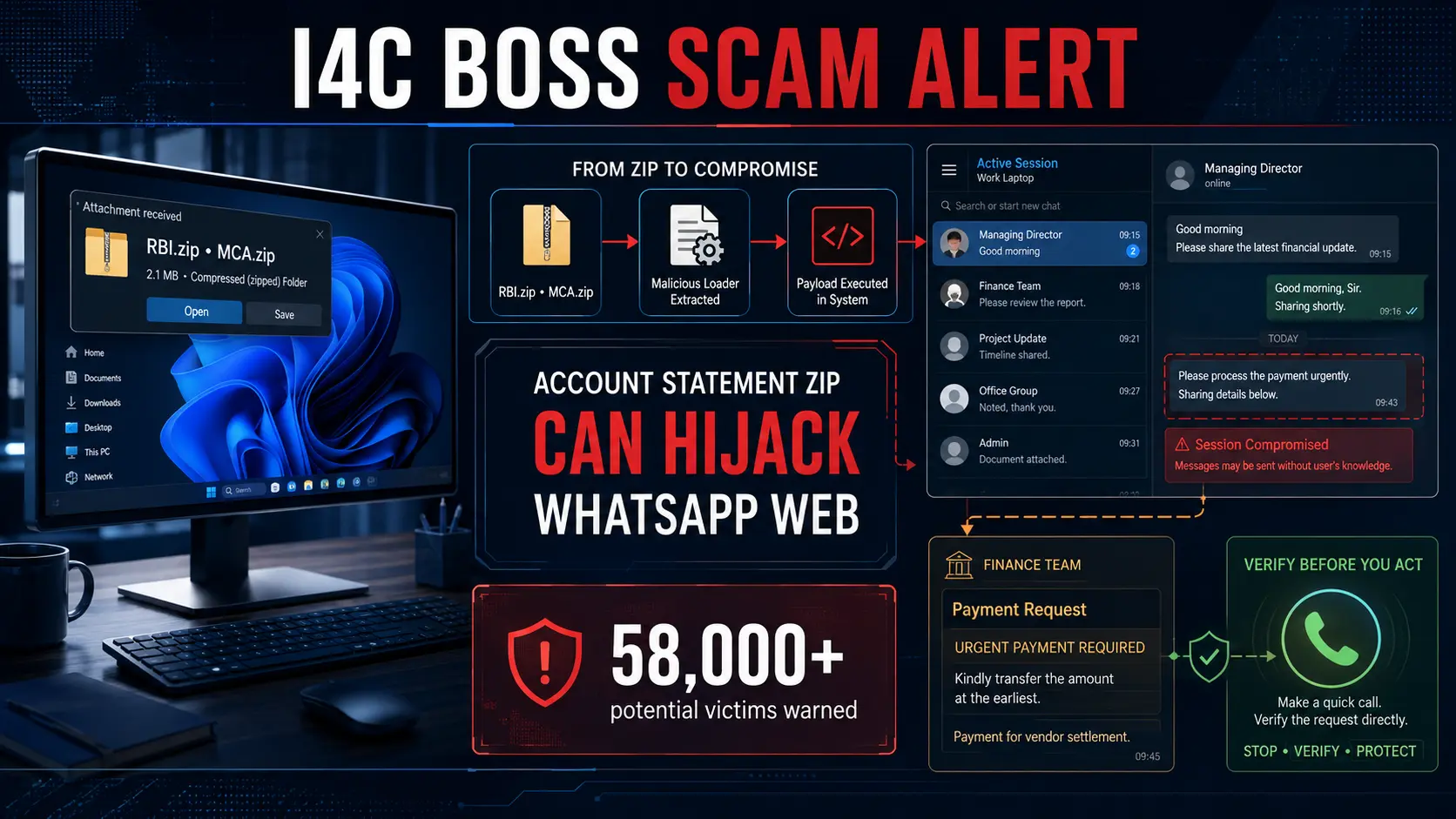 I4C Boss Scam RBI zip MCA zip WhatsApp Web malware warning