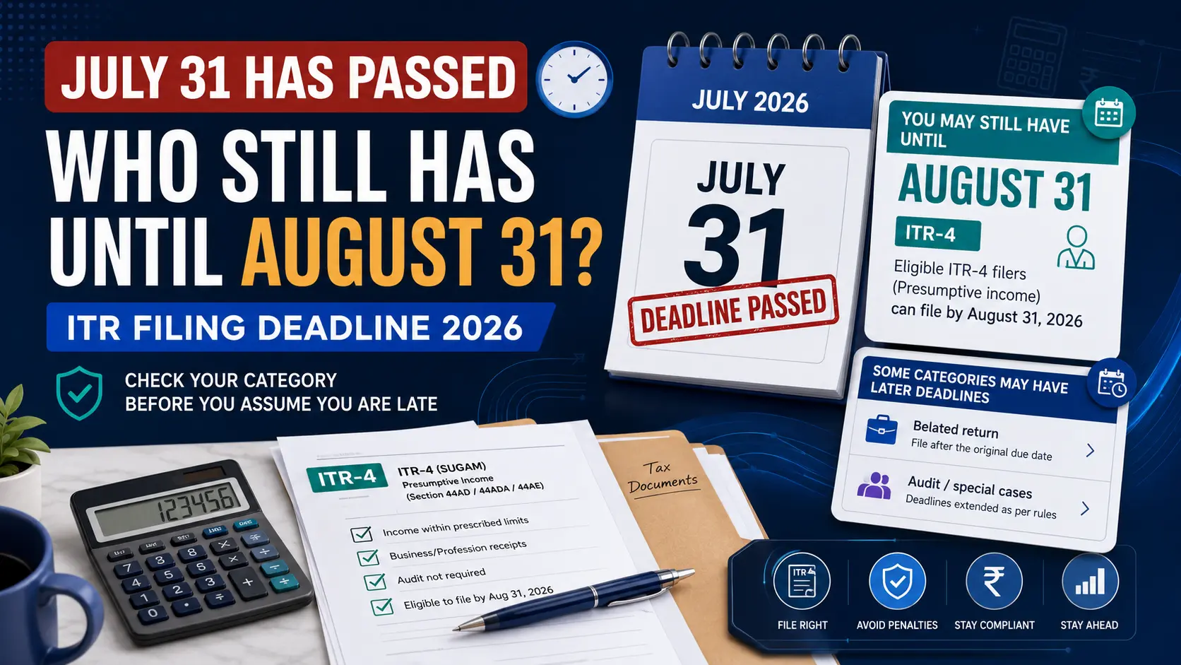 ITR filing deadline 2026 after July 31 with August 31 eligibility guidance