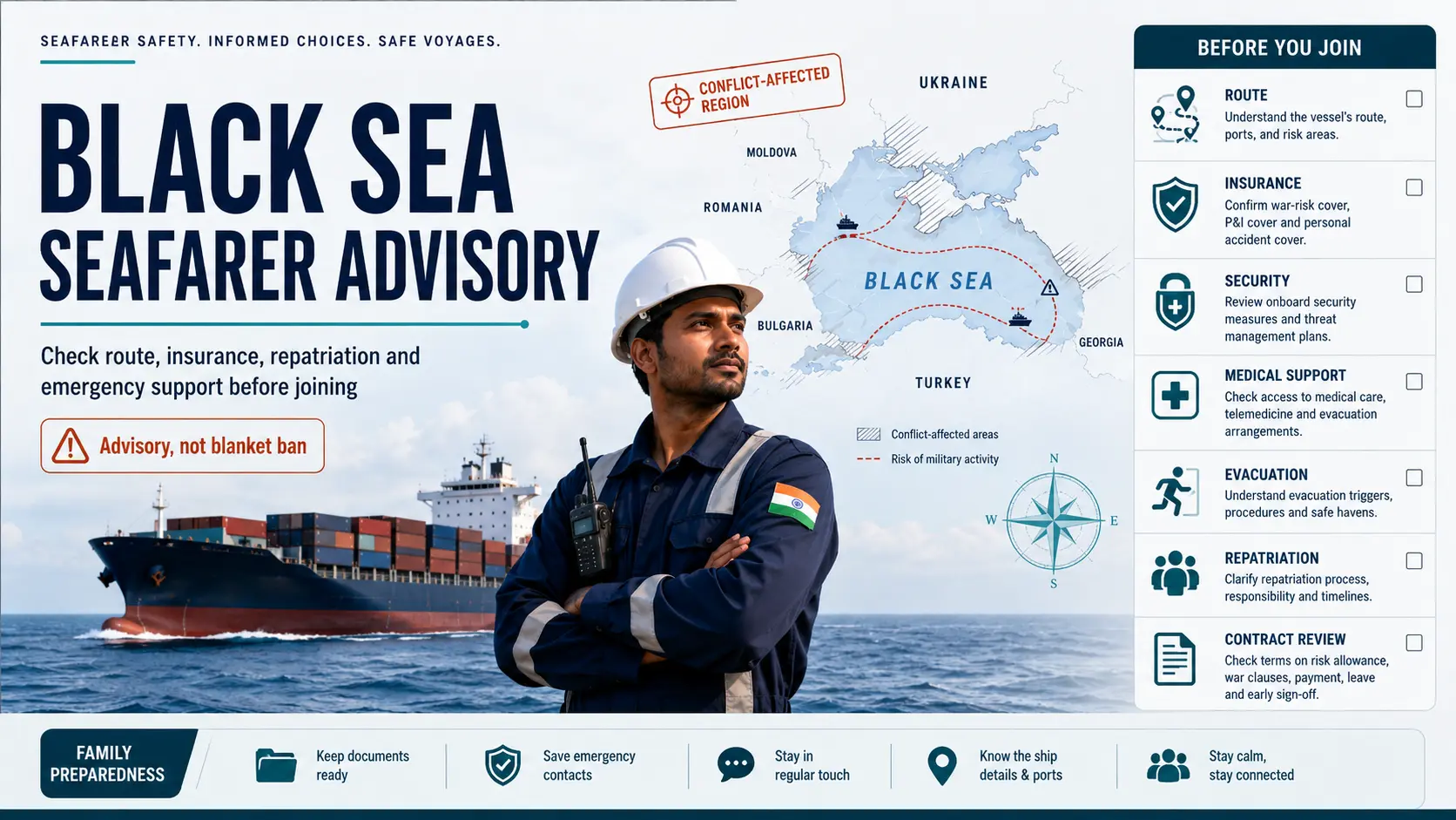 Indian seafarer Black Sea advisory image with cargo ship, route map and safety-check symbols