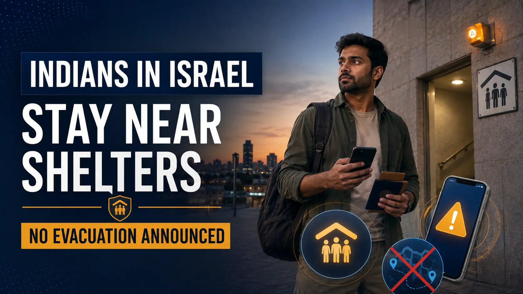 India advisory asking citizens in Israel to stay near shelters while no evacuation is announced. India Israel Advisory