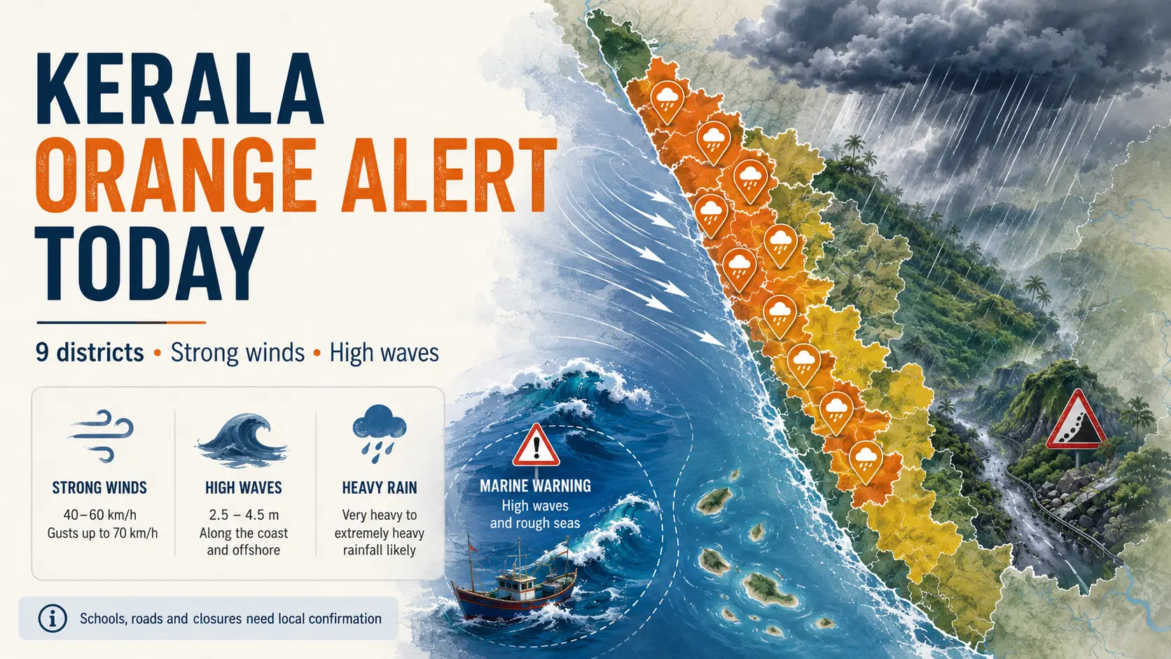 Kerala orange alert infographic showing nine districts, strong winds, high waves and local closure verification