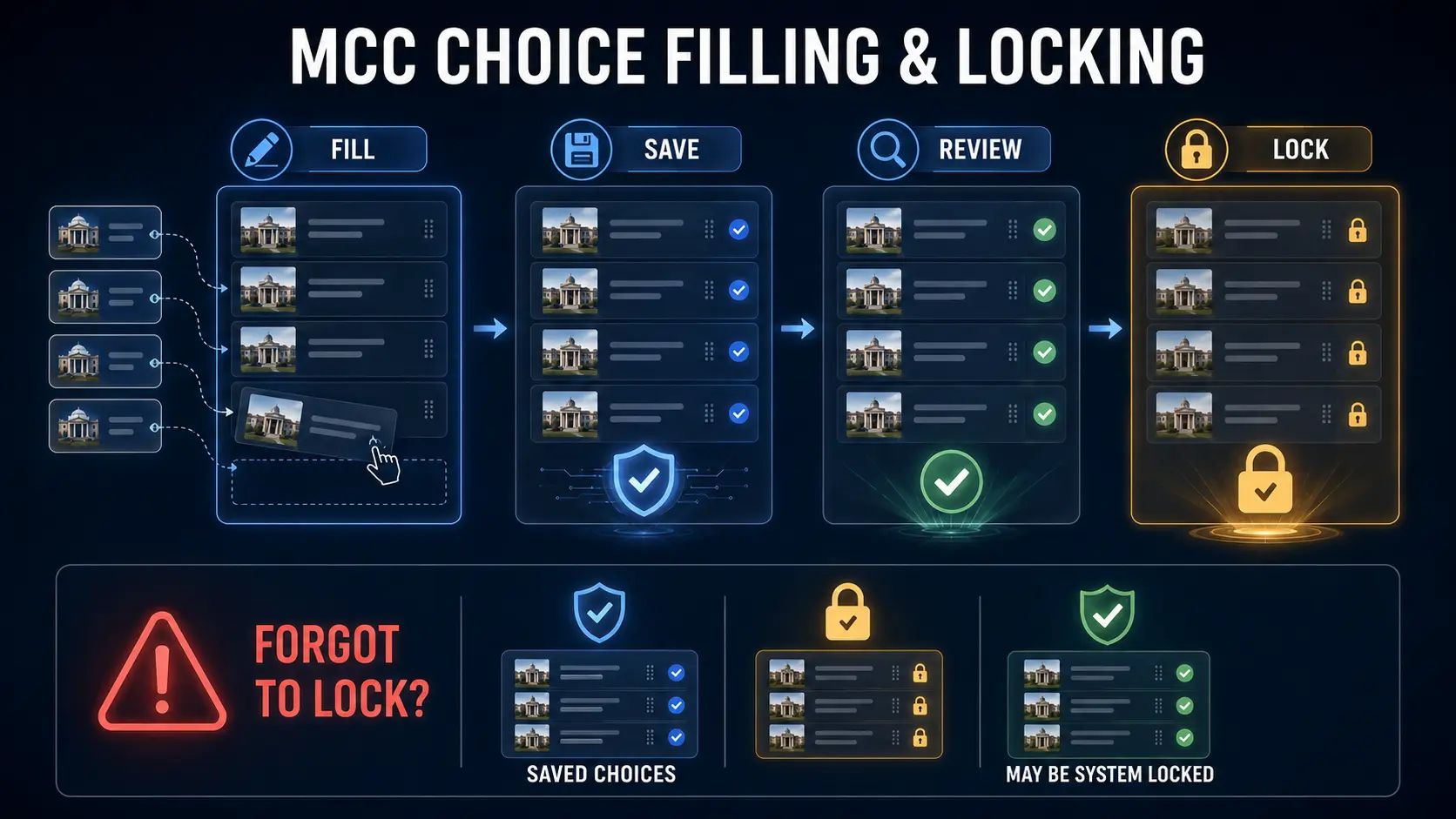 MCC choice filling and locking showing fill save review and lock stages