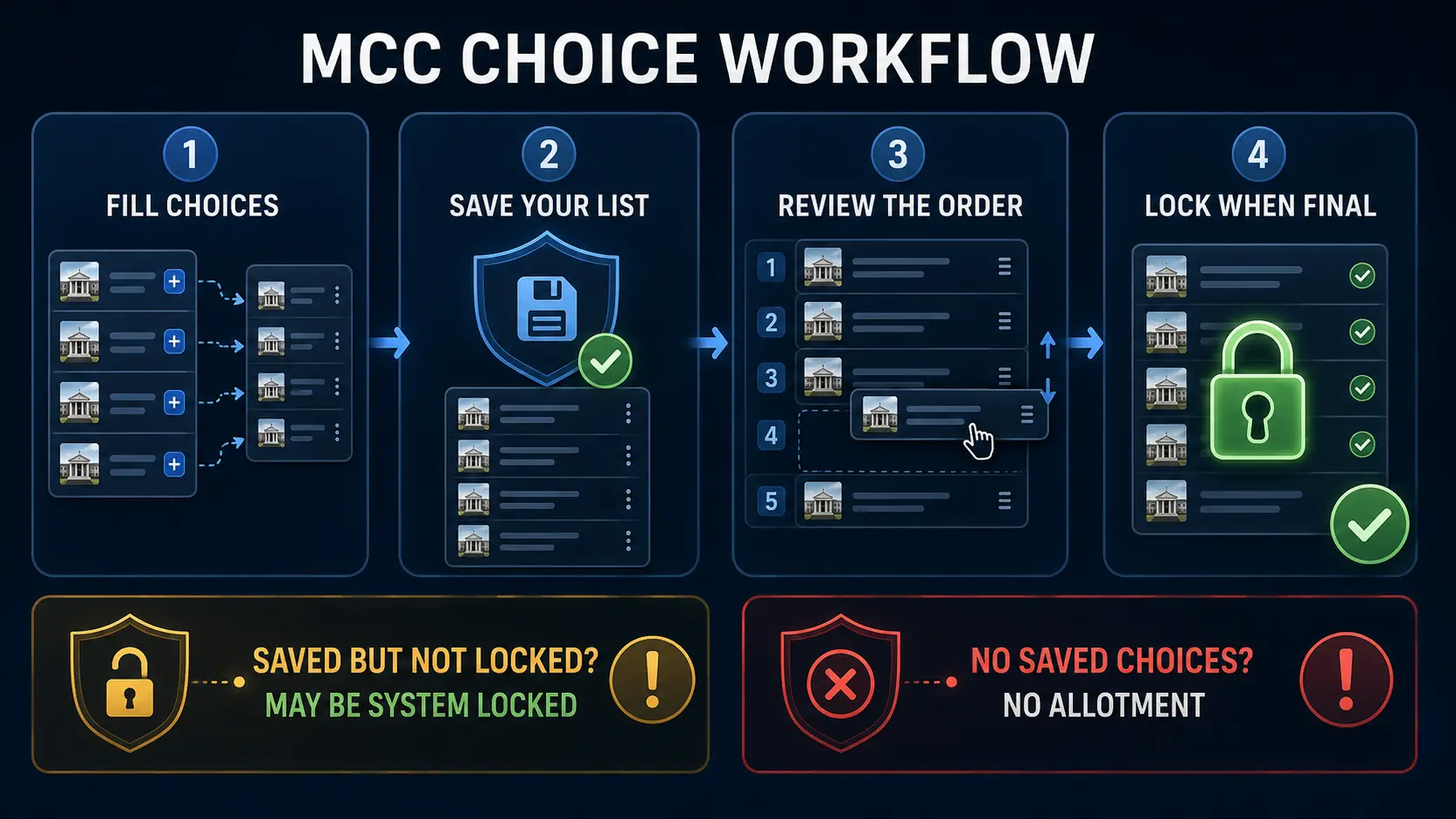 MCC choice filling and locking workflow showing saved and locked choices