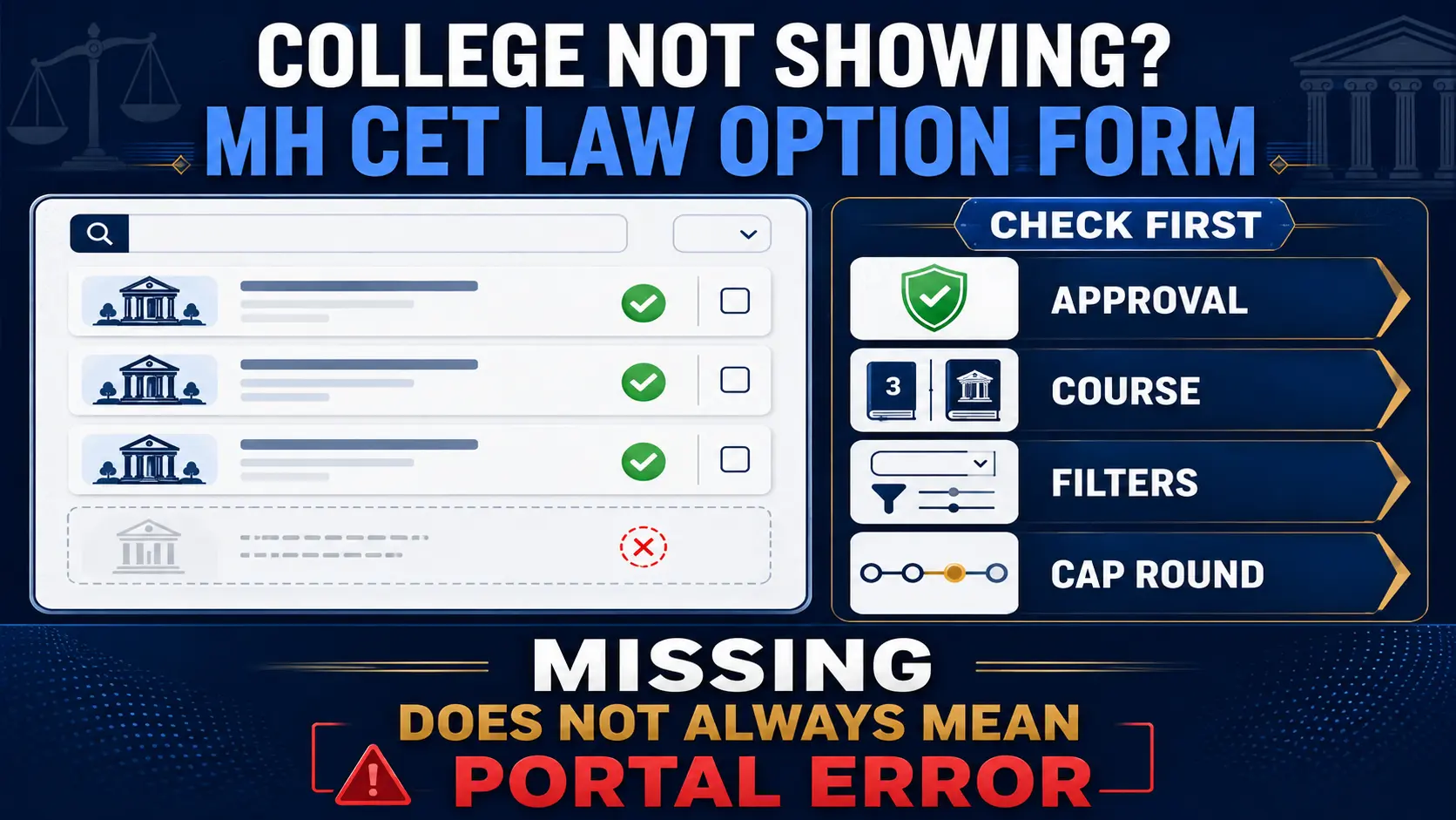MH CET Law college not showing in option form approval course filters and CAP round checks