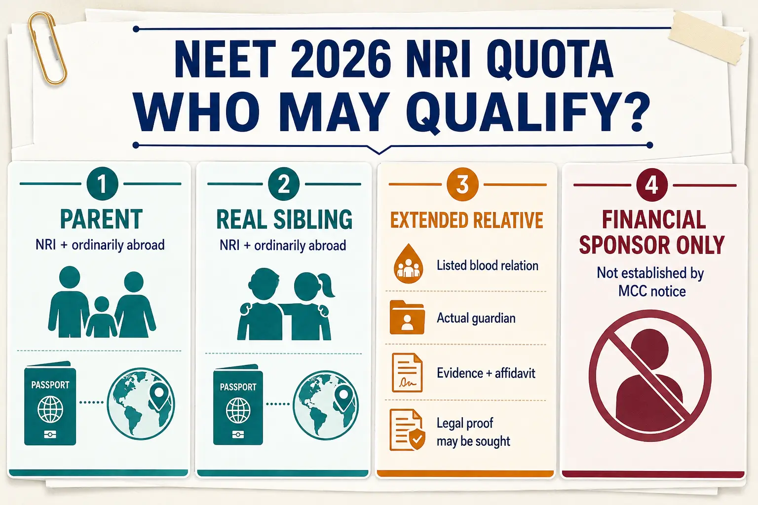 NEET 2026 NRI quota sponsor eligibility infographic comparing parents, siblings, extended relatives and financial sponsors
