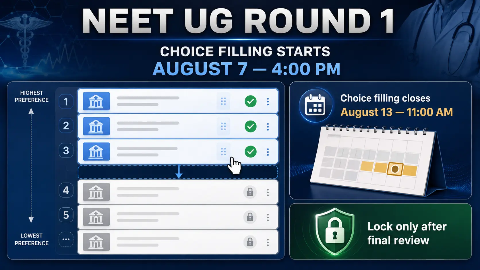 NEET UG 2026 Round 1 choice filling start date and locking deadline