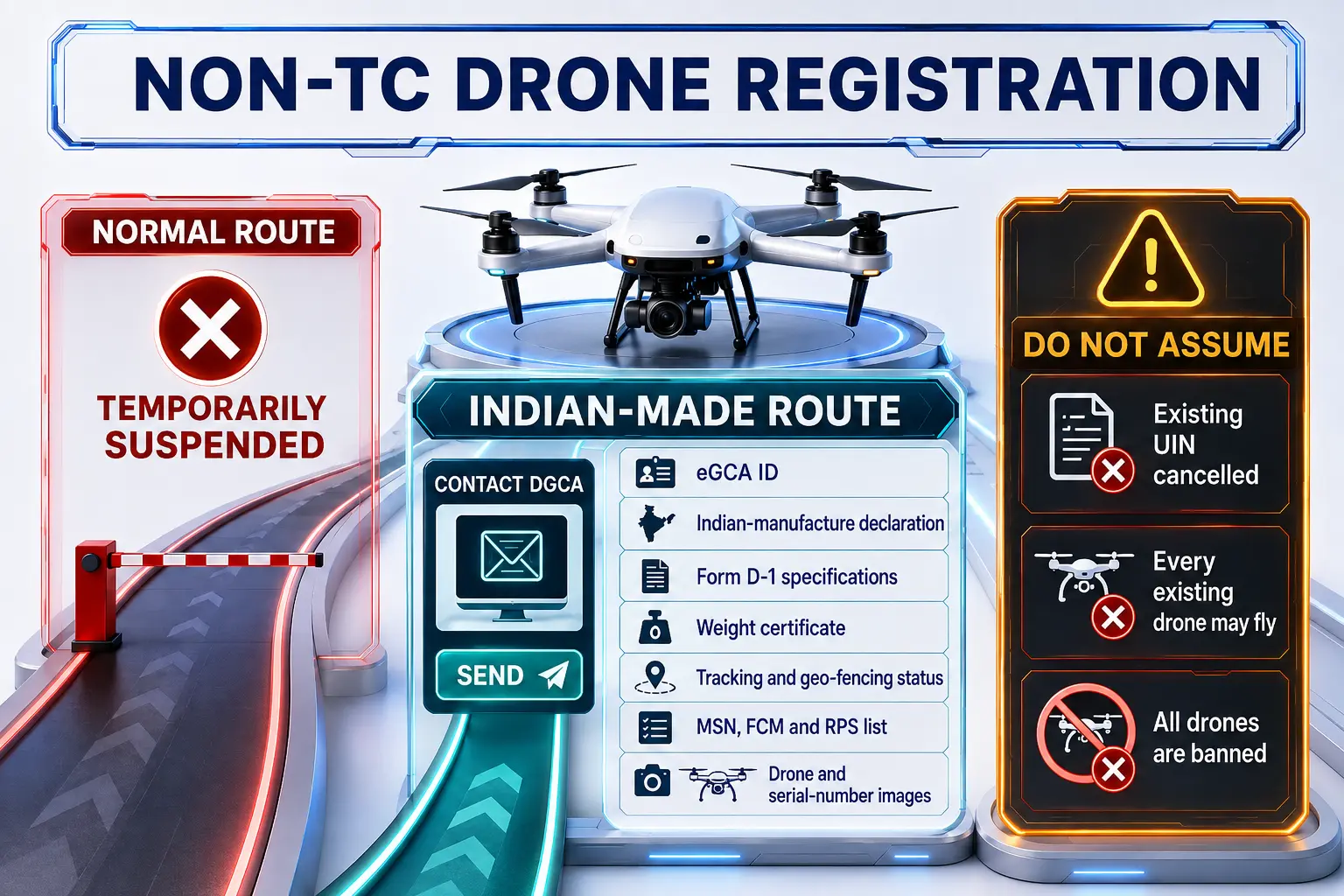 Non TC drone registration India guide showing suspended normal route and Indian-made DGCA process