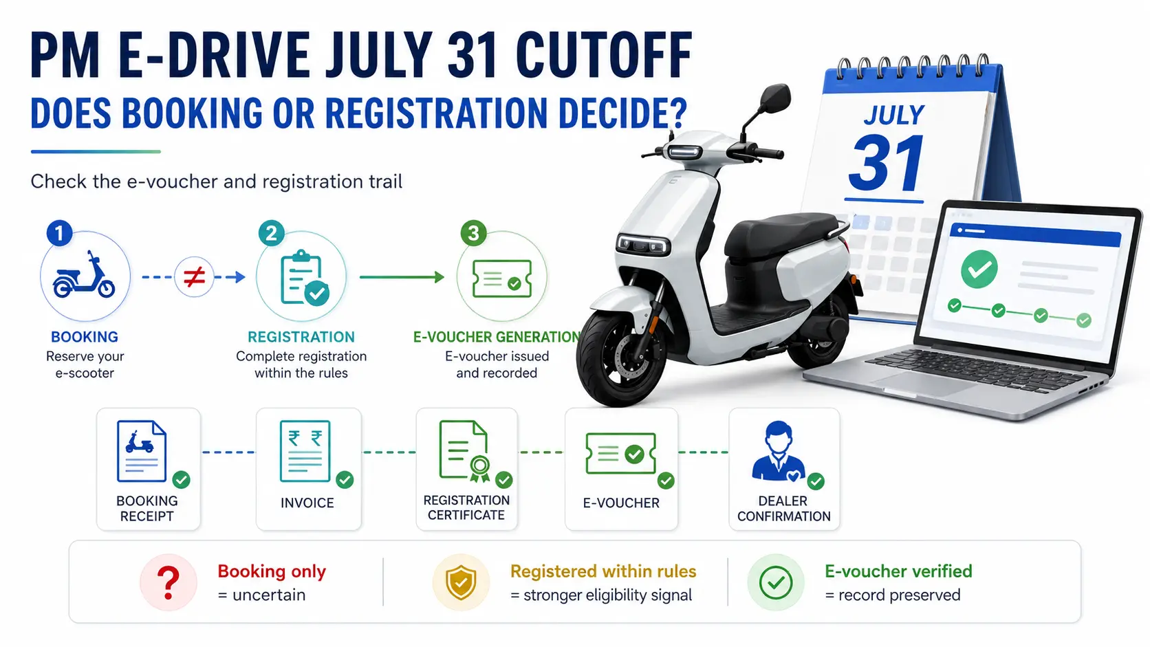 PM E-DRIVE subsidy last date infographic showing July 31 cutoff, booking versus registration, and e-voucher steps.