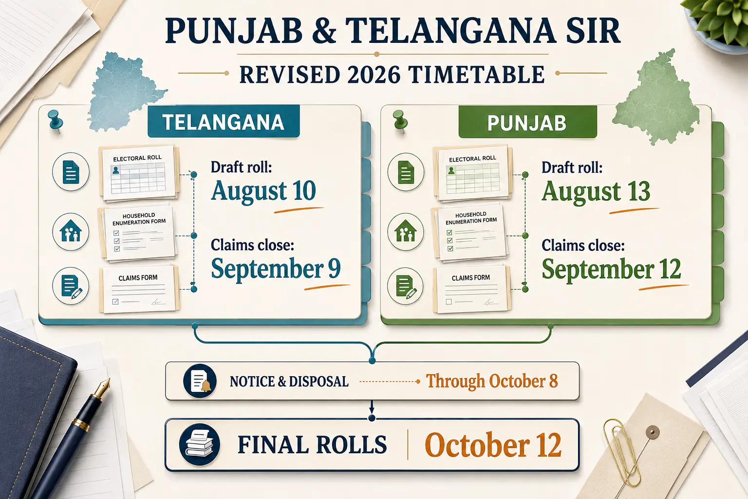 Punjab Telangana SIR 2026 revised timetable with draft roll claims and final roll dates