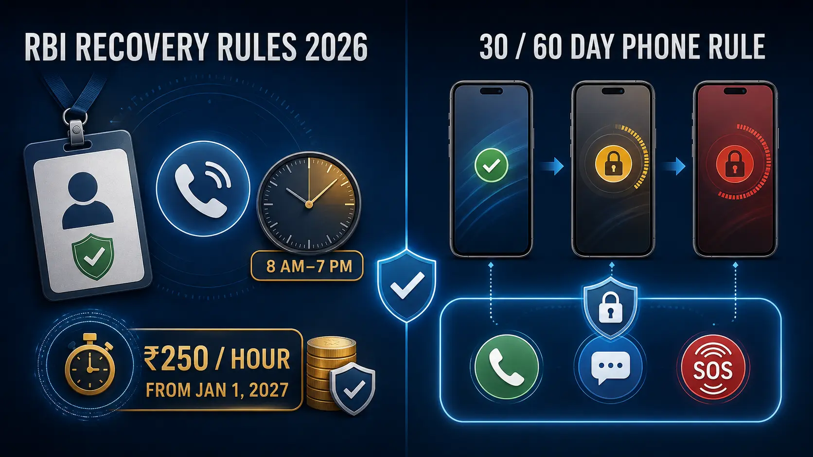 RBI recovery agent rules 2026 with 8 AM to 7 PM calls 30 and 60 day phone rules
