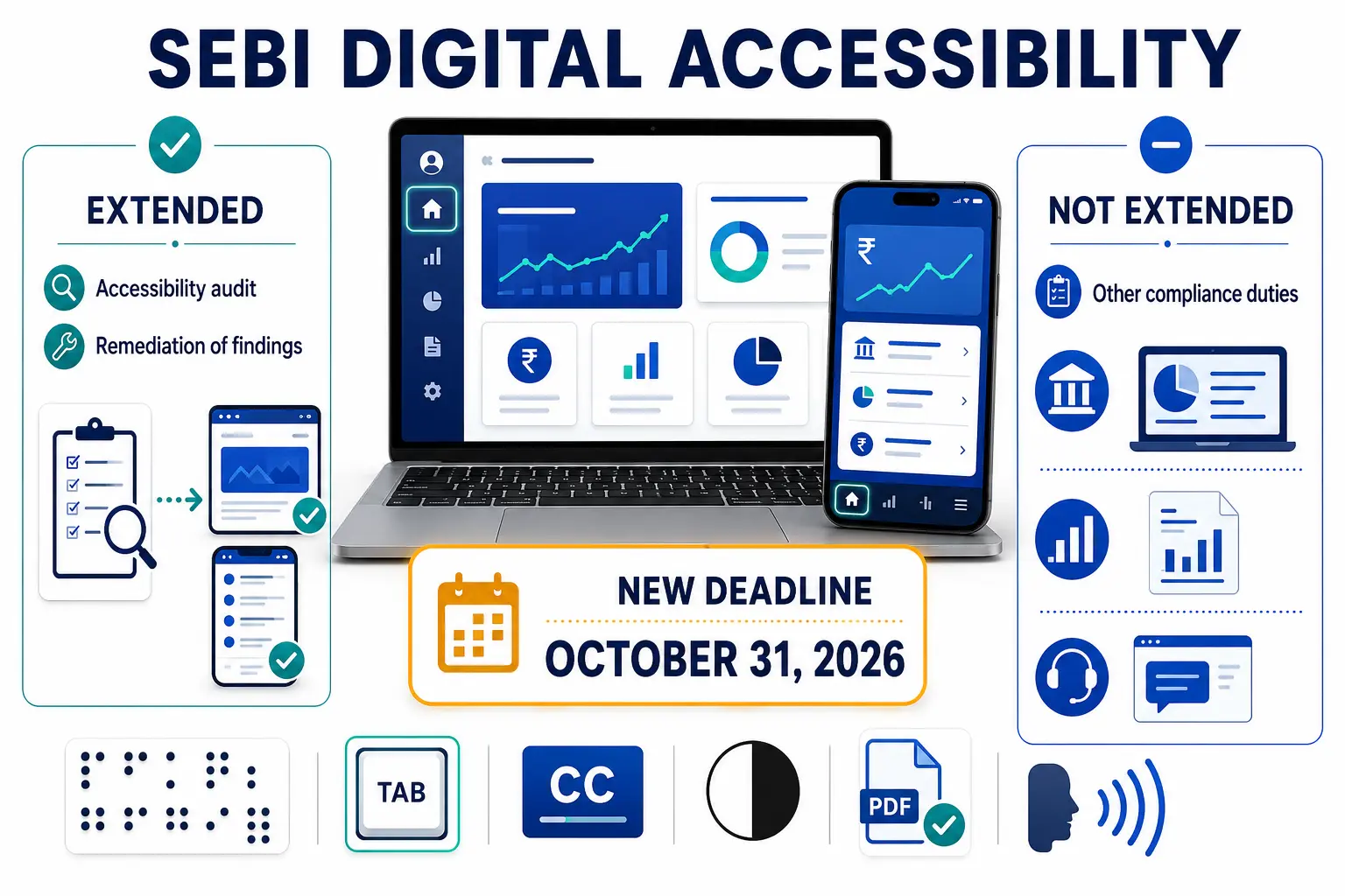 SEBI digital accessibility deadline infographic showing October 31 2026 audit and remediation extension