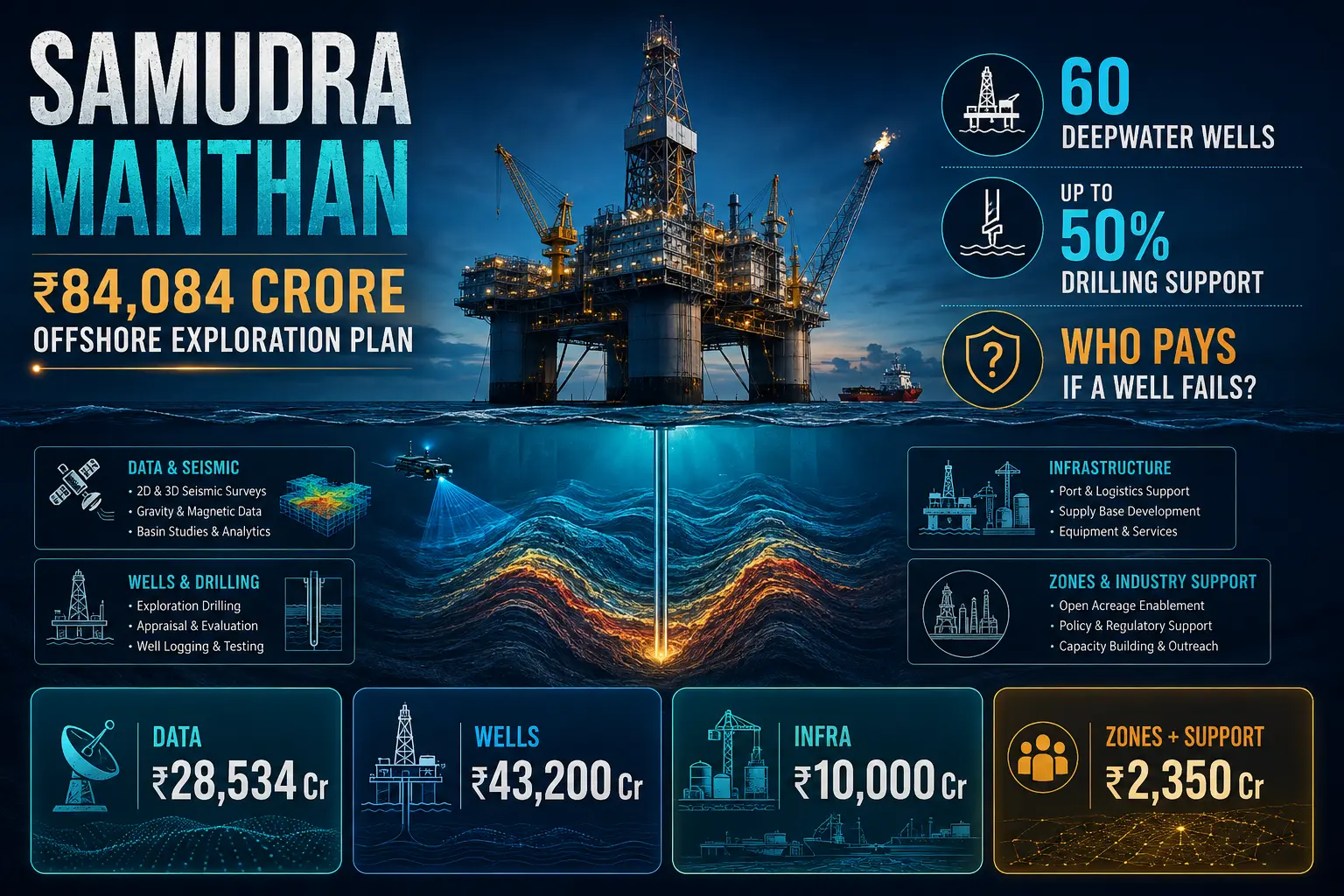 Samudra Manthan scheme explained with offshore drilling platform, seismic survey vessel and deepwater exploration