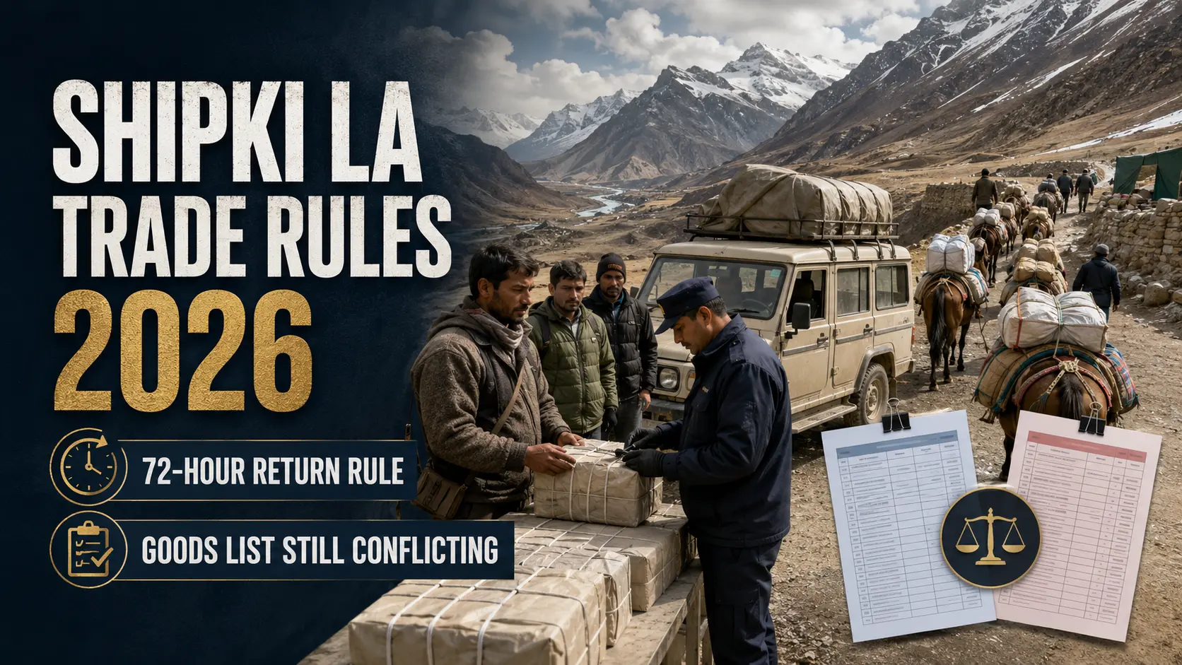 Shipki La border trade rules 2026 graphic showing traders, customs inspection, pack mules and the 72-hour return rule.