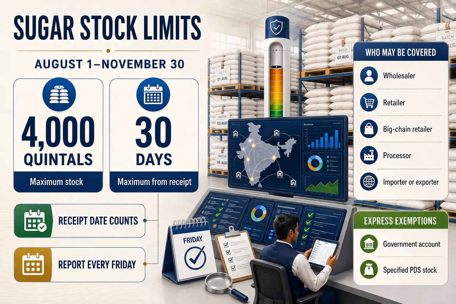 Sugar stock limit infographic showing 4,000 quintals, 30 days, Friday reporting and dealer scope