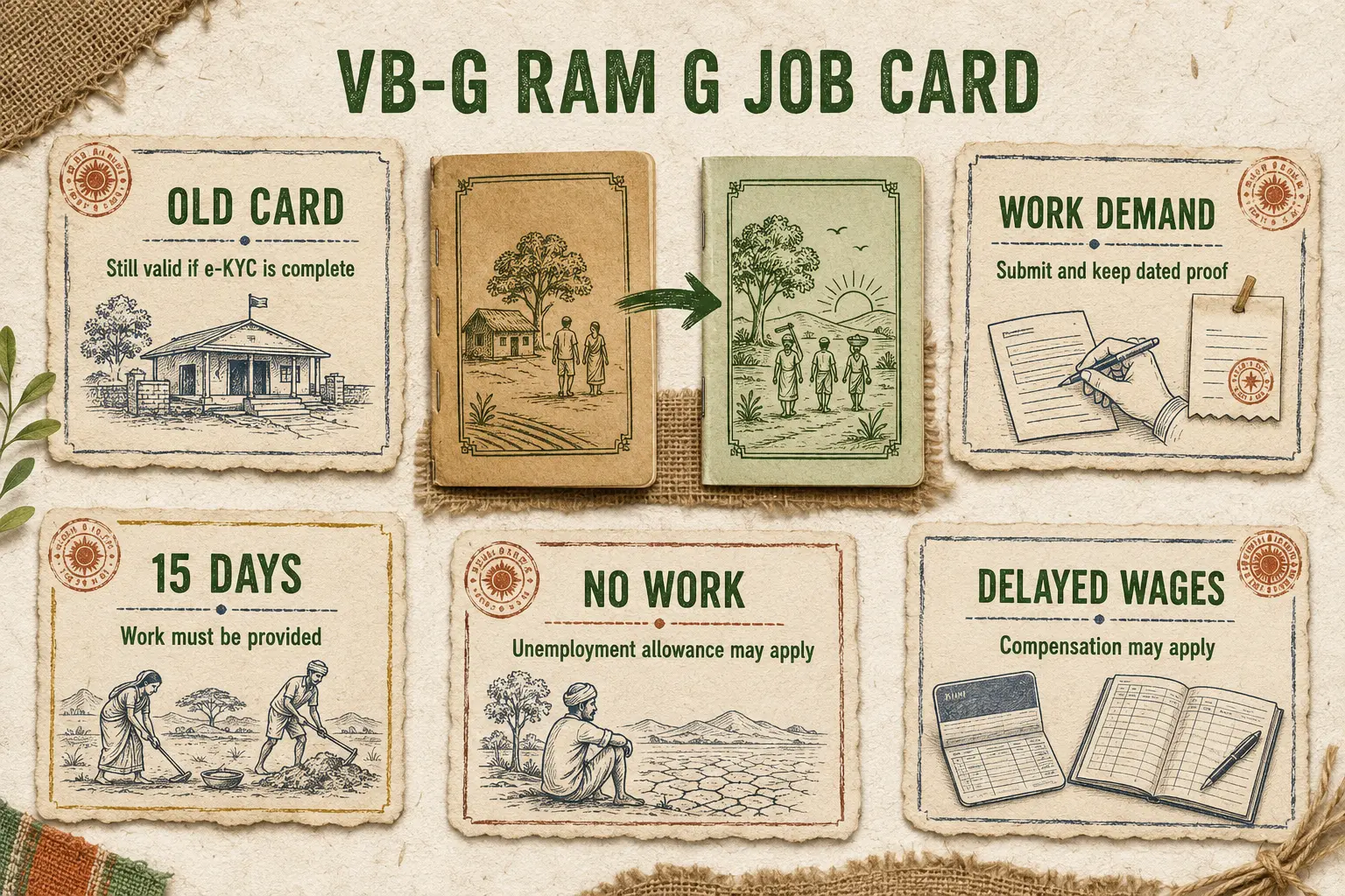 VB G RAM G job card infographic explaining old-card validity, work demand, 15-day rule and compensation
