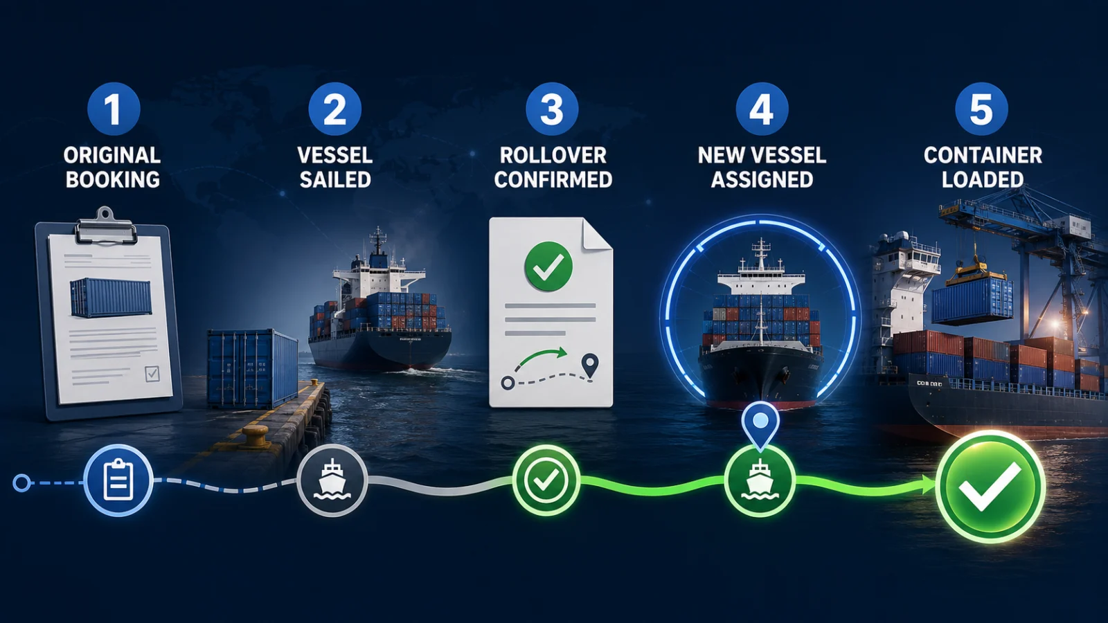 Container rollover verification workflow from missed vessel to replacement load event