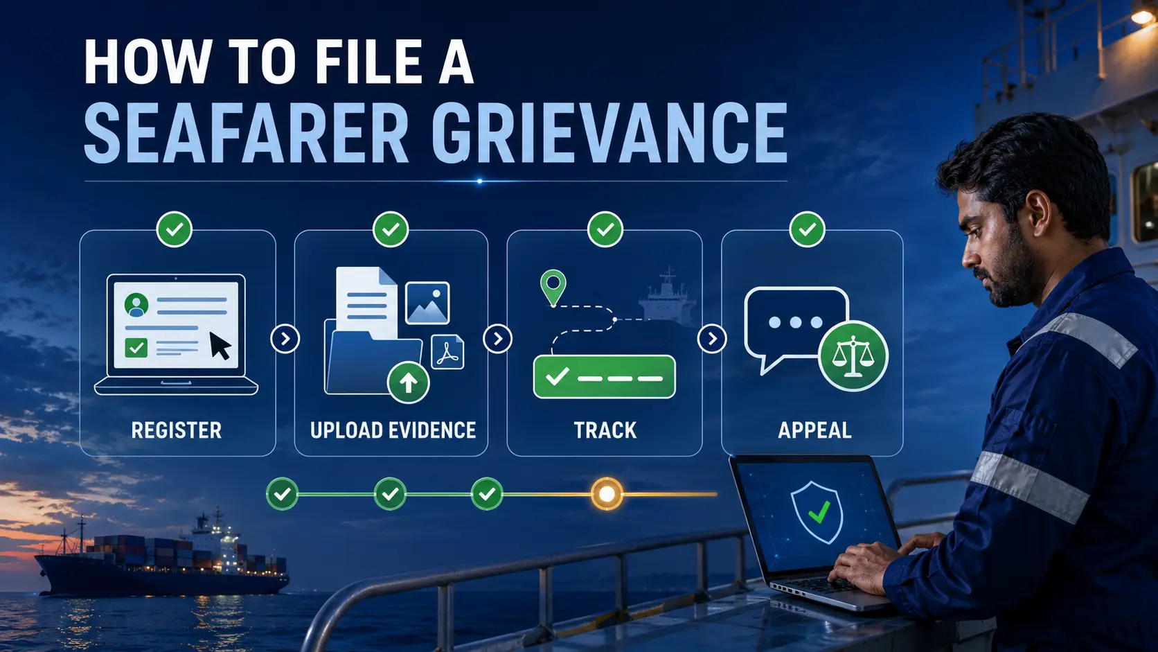Text-free editorial image showing a seafarer registering and tracking a formal maritime grievance through an official digital workflow.