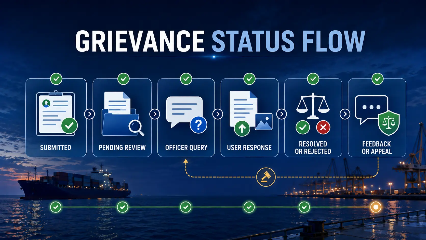 e-Navik seafarer grievance status flow from pending and officer query to resolution rejection and appeal