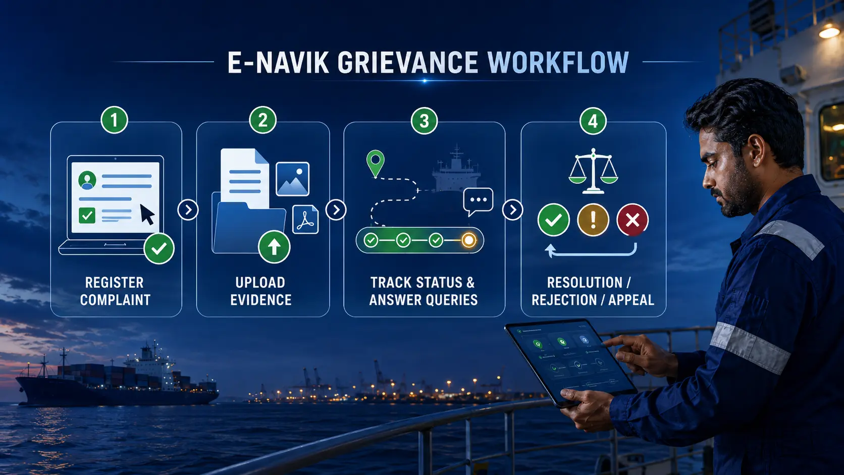 e-Navik seafarer grievance filing through complaint registration evidence upload tracking and appeal