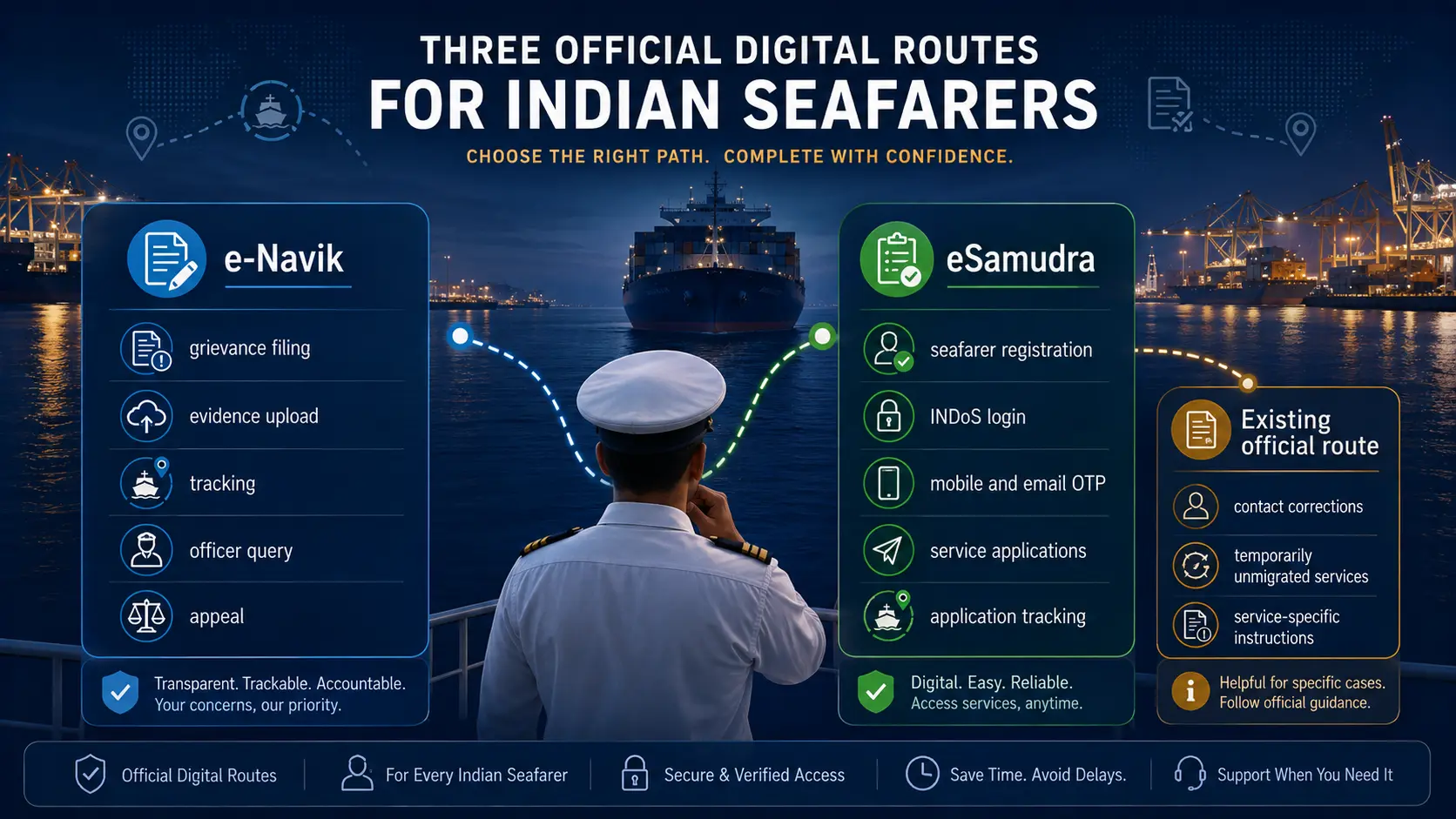 e-Navik vs eSamudra portal map for grievances registration applications tracking and existing DG Shipping routes