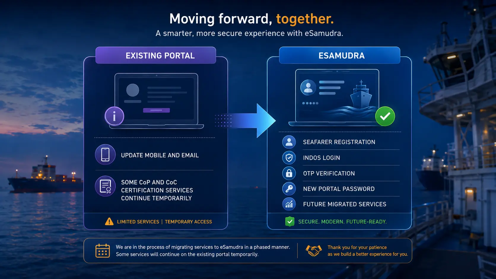 eSamudra seafarer registration compared with the existing DG Shipping portal for contact updates and certification services