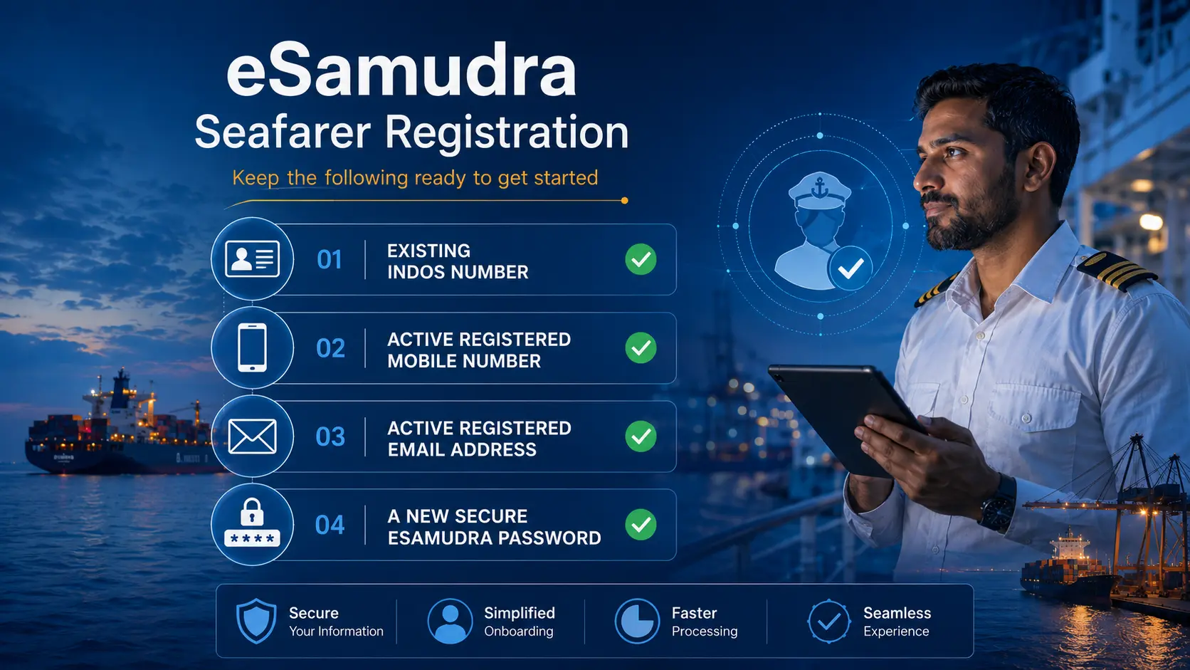eSamudra seafarer registration checklist with INDoS number active mobile email and new password