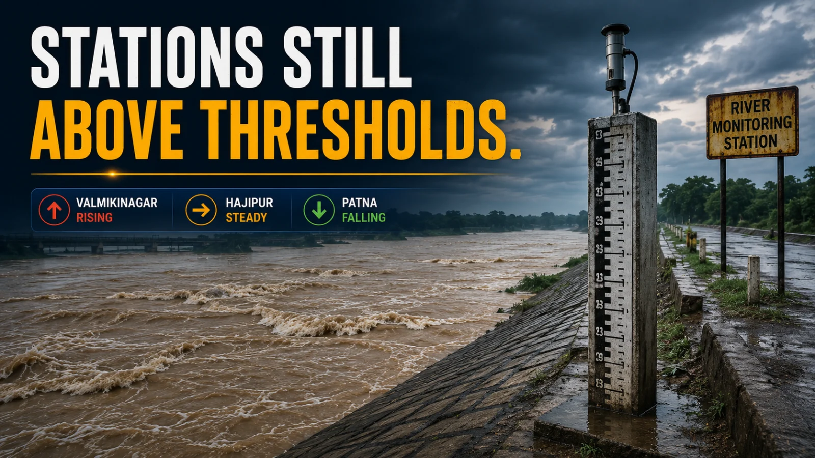 Flooded Gandak River and river gauge representing stations still above warning and danger levels