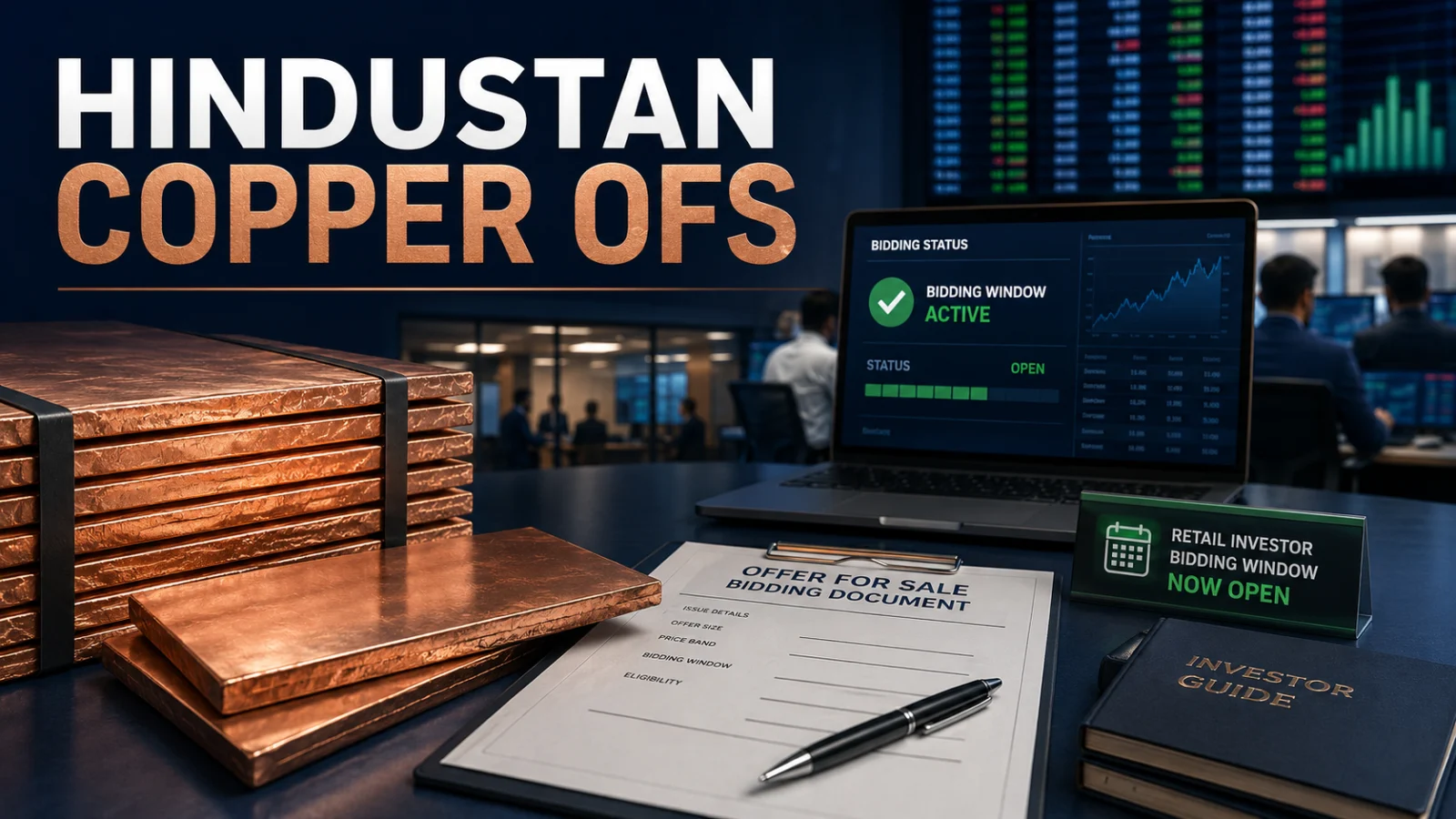 Copper metal and stock-market bidding documents illustrating the Hindustan Copper OFS retail window