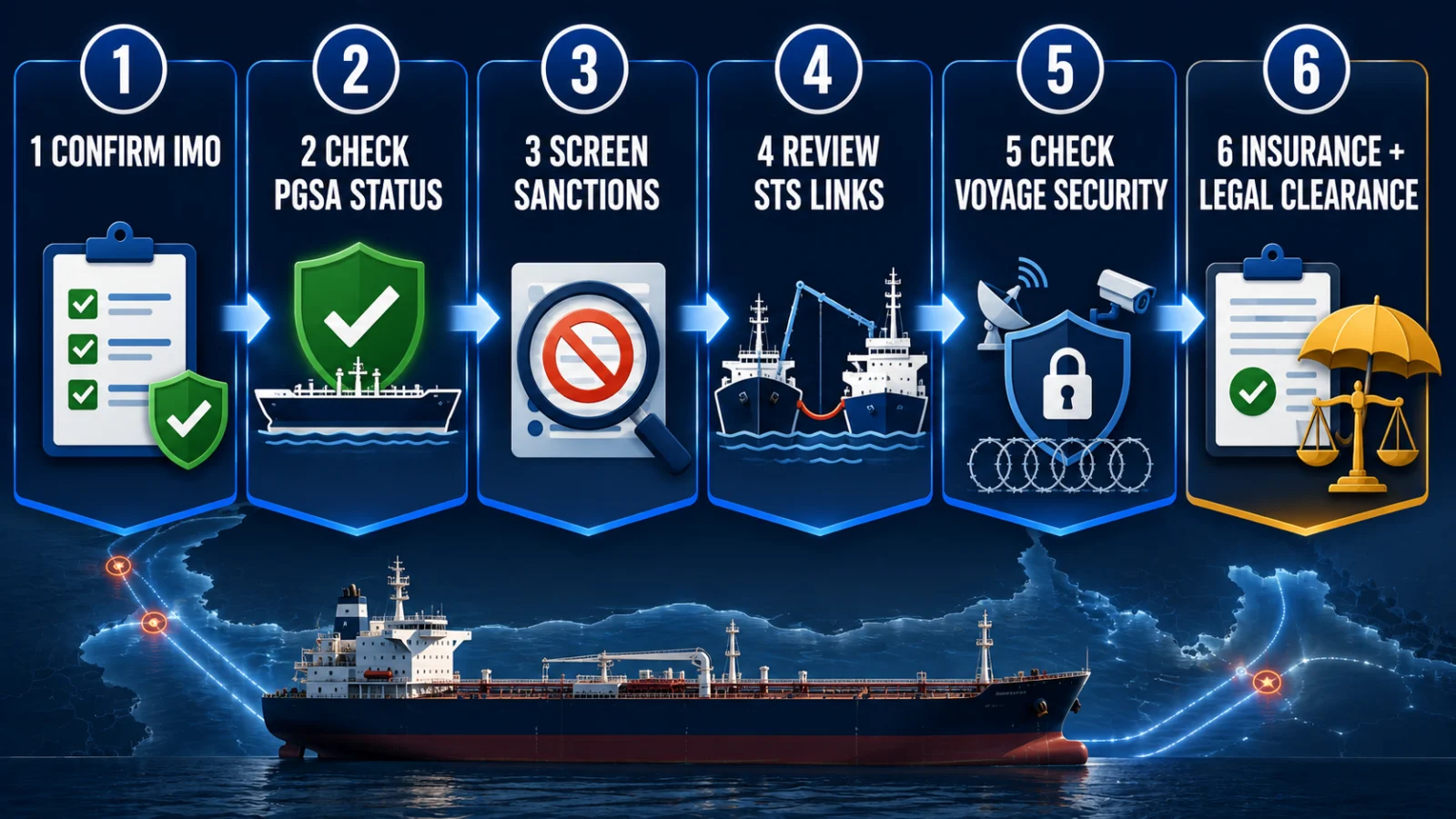Six-step Strait of Hormuz vessel chartering check covering PGSA sanctions STS security insurance and escalation