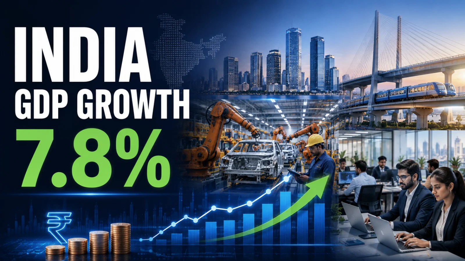 Editorial hero illustrating India's Q1 FY27 GDP growth with investment, manufacturing and services