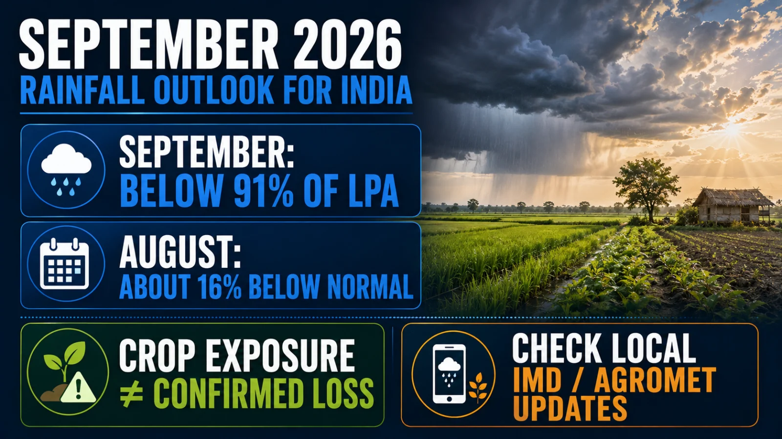 Infographic explaining India's September rainfall outlook and crop exposure
