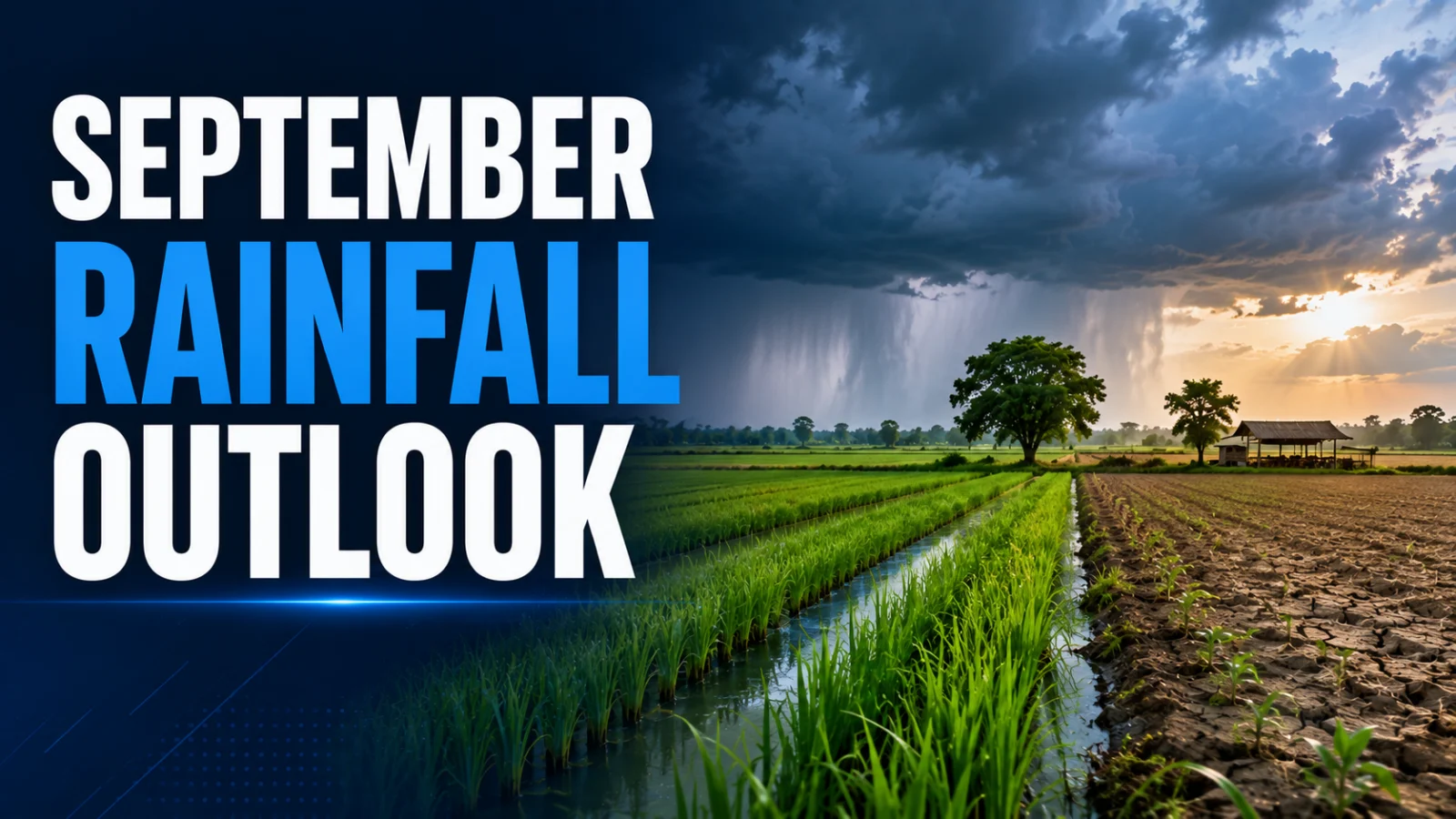 Editorial hero showing Indian farmland and monsoon clouds for the September rainfall outlook