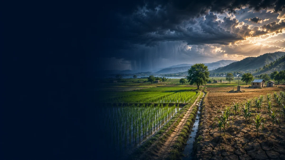 India September rainfall forecast 2026 visual with monsoon clouds and agricultural fields