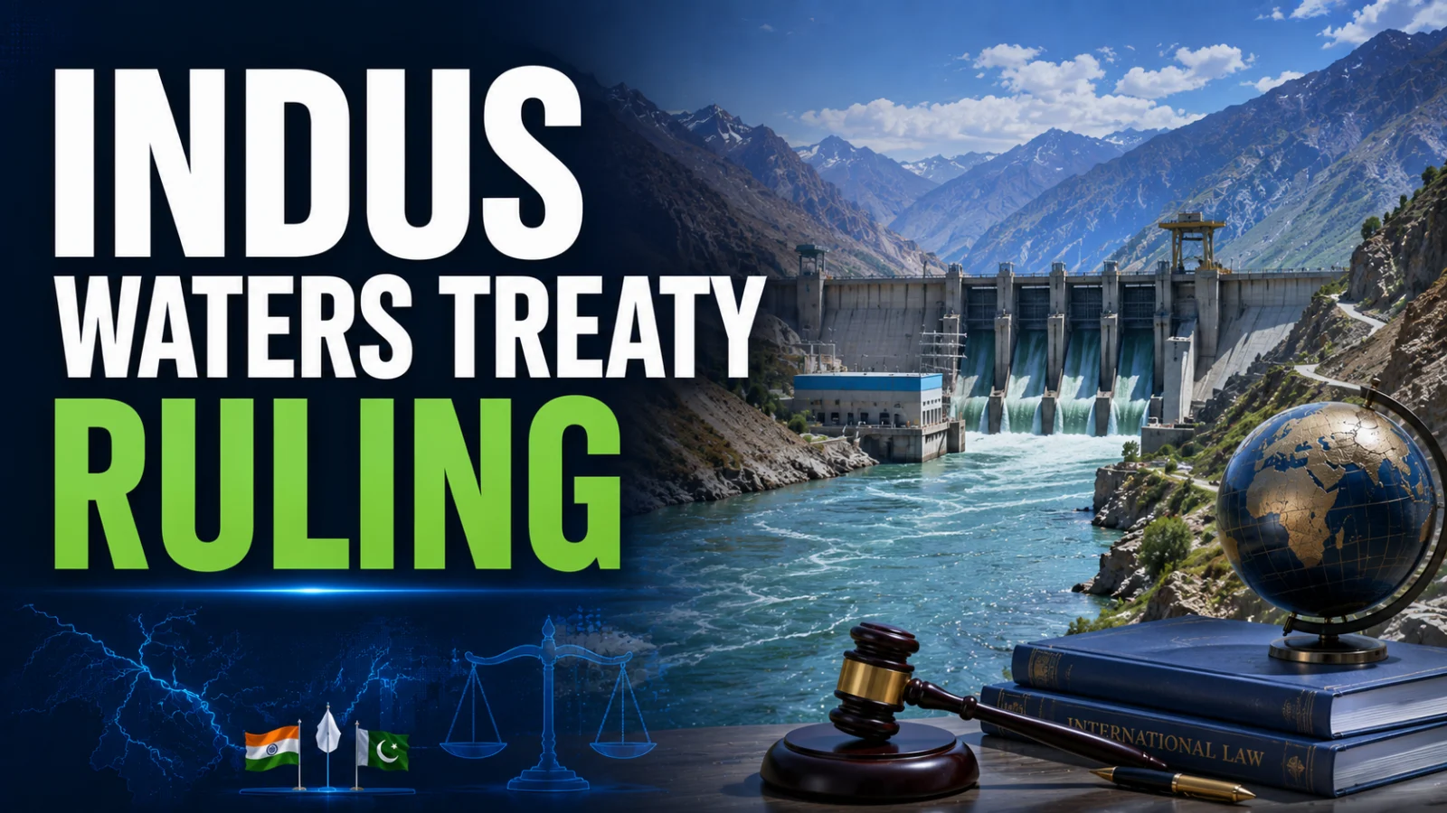 Editorial hero showing an Indus river hydropower dam and the legal dispute surrounding the 2026 treaty ruling