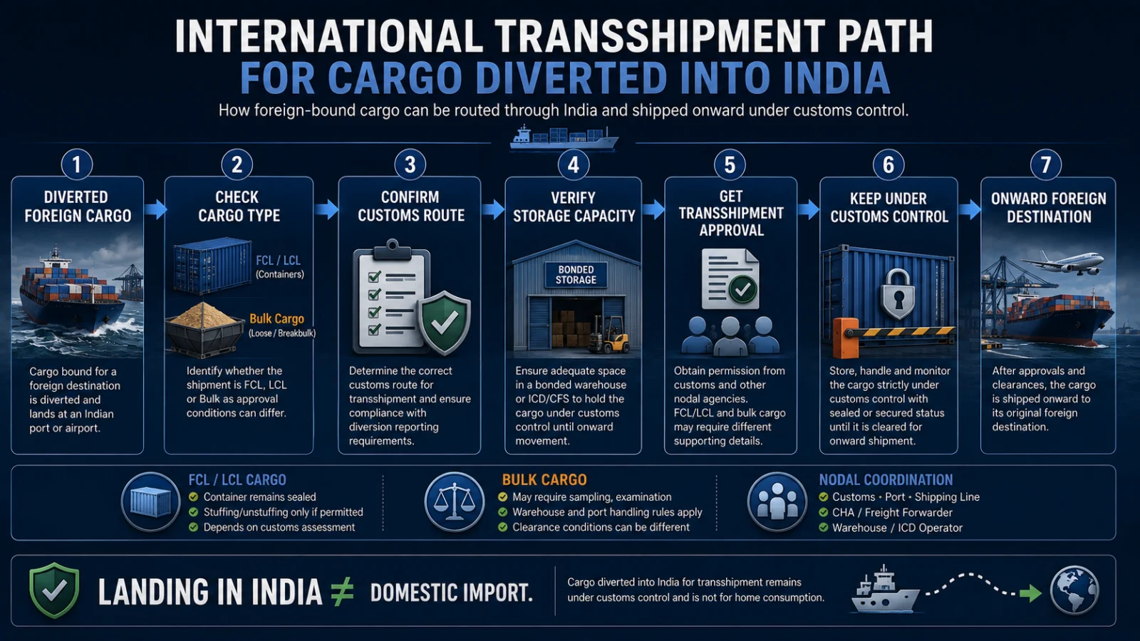 International transshipment decision path for diverted foreign cargo moving through Indian Customs control