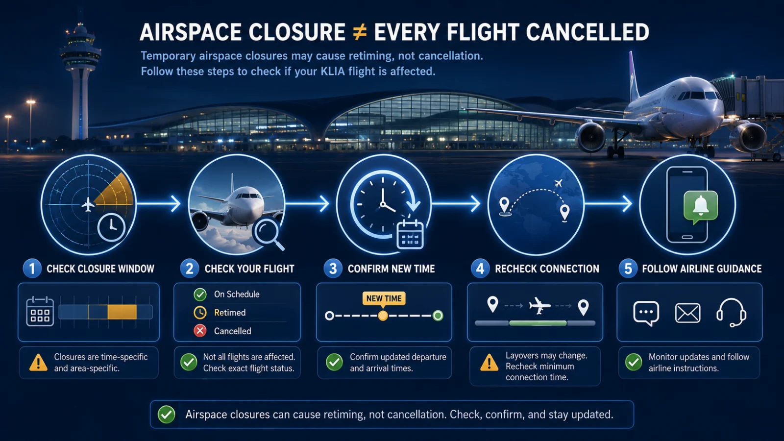 Five-step workflow to check whether a KLIA airspace closure affects a booked flight or connection