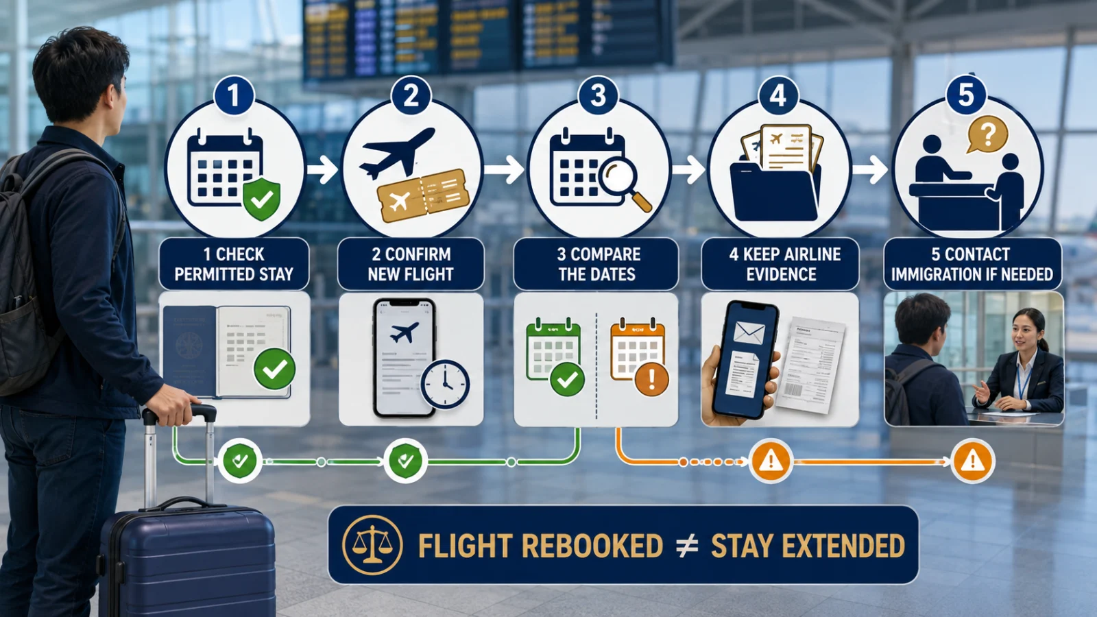 Five-step decision workflow for a Malaysia flight cancellation that may affect permitted stay