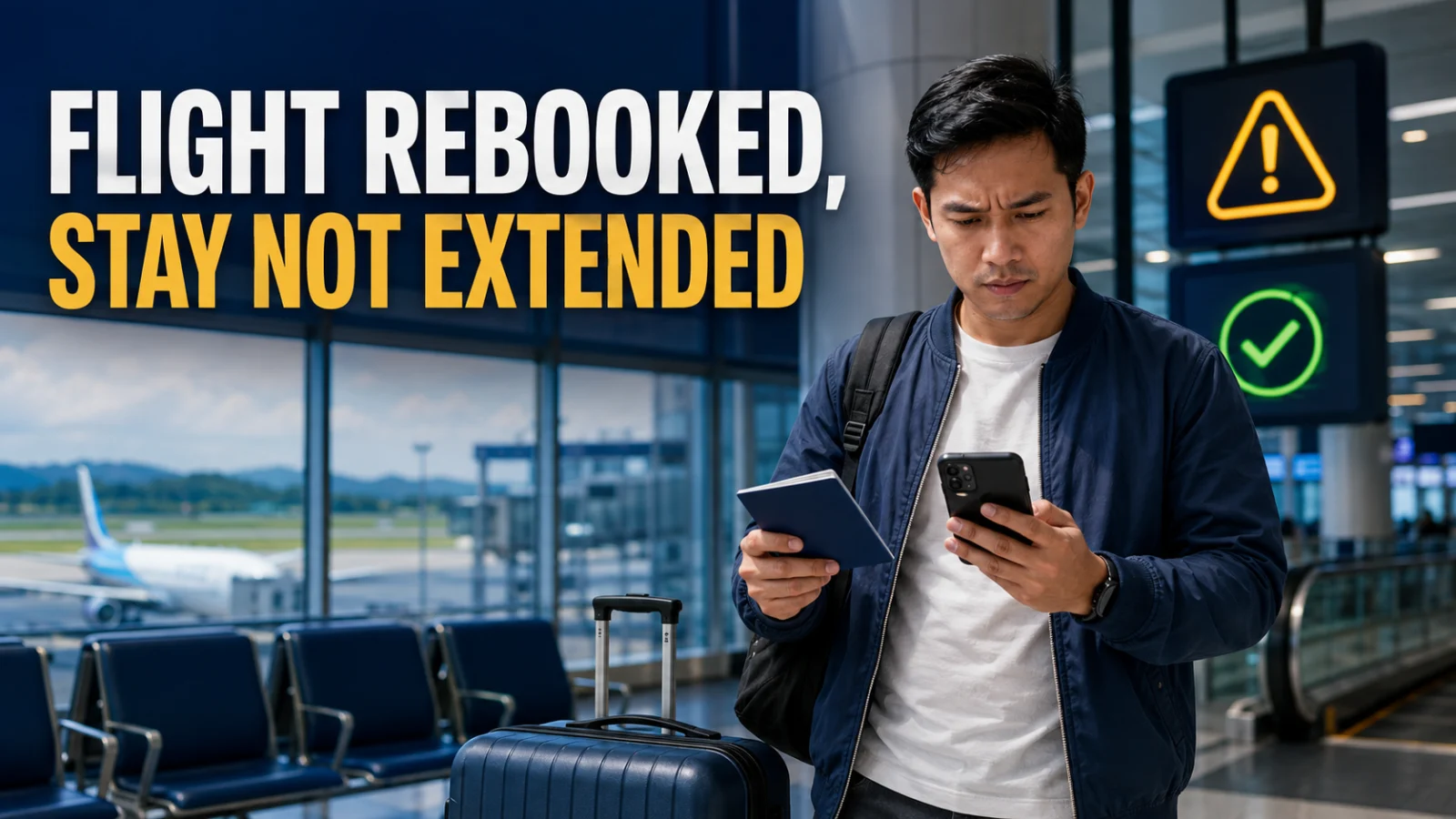 Traveller reviewing passport and replacement flight after disruption in Malaysia